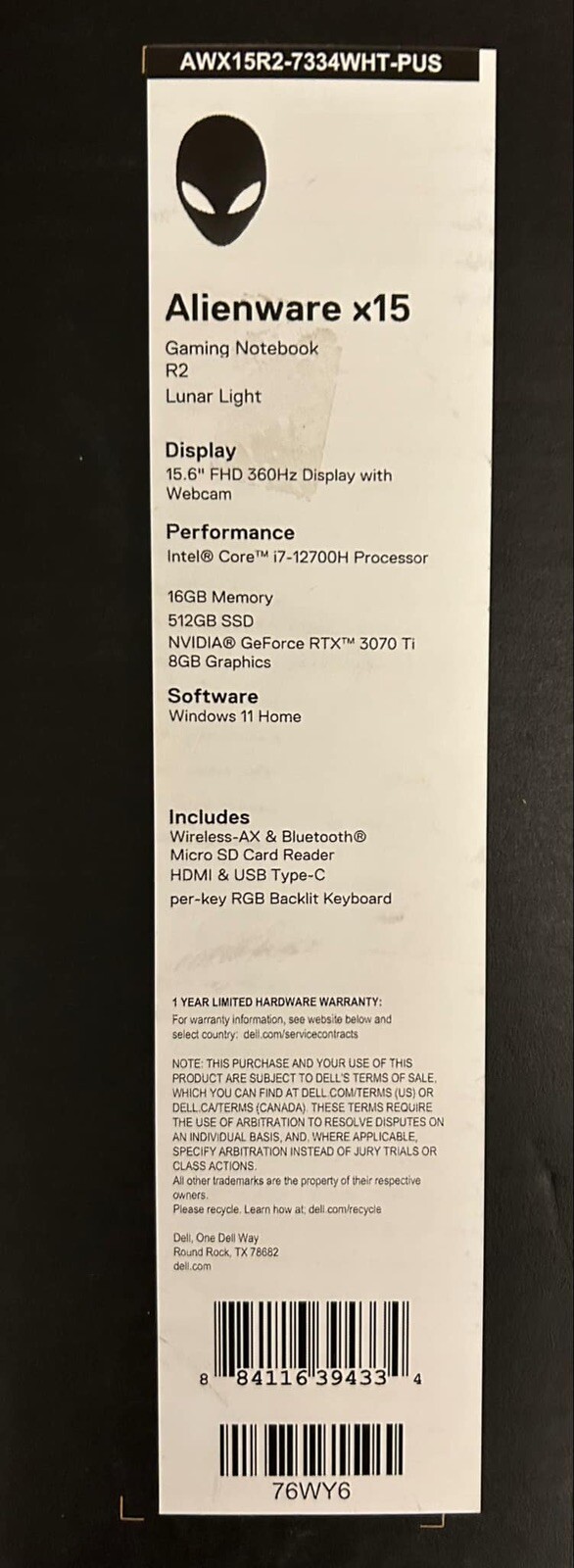New! Alienware X15 R2 Gaming Laptop 15.6 360Hz i7-12700H RTX 3070Ti 512GB White