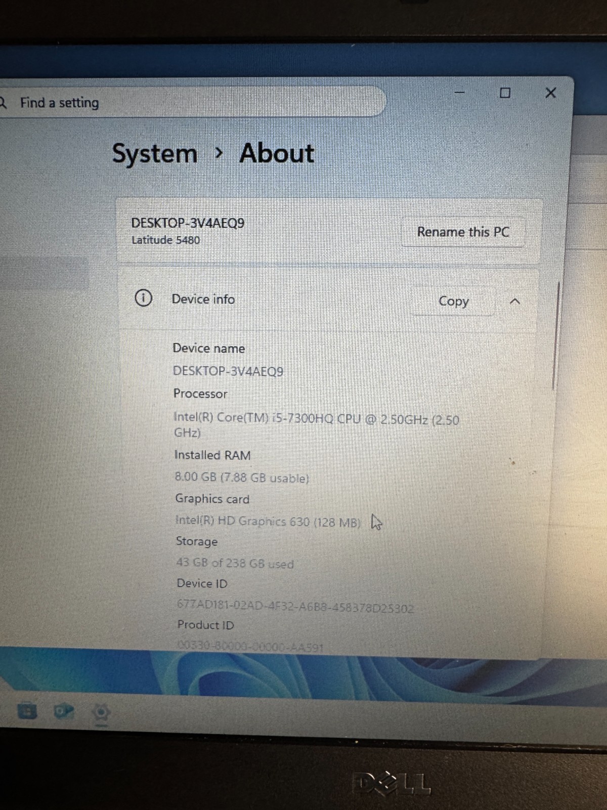 Dell Latitude Laptop 5480 Core i5-7300HQ, 8GB RAM, 256GB SSD, Win11 #3467
