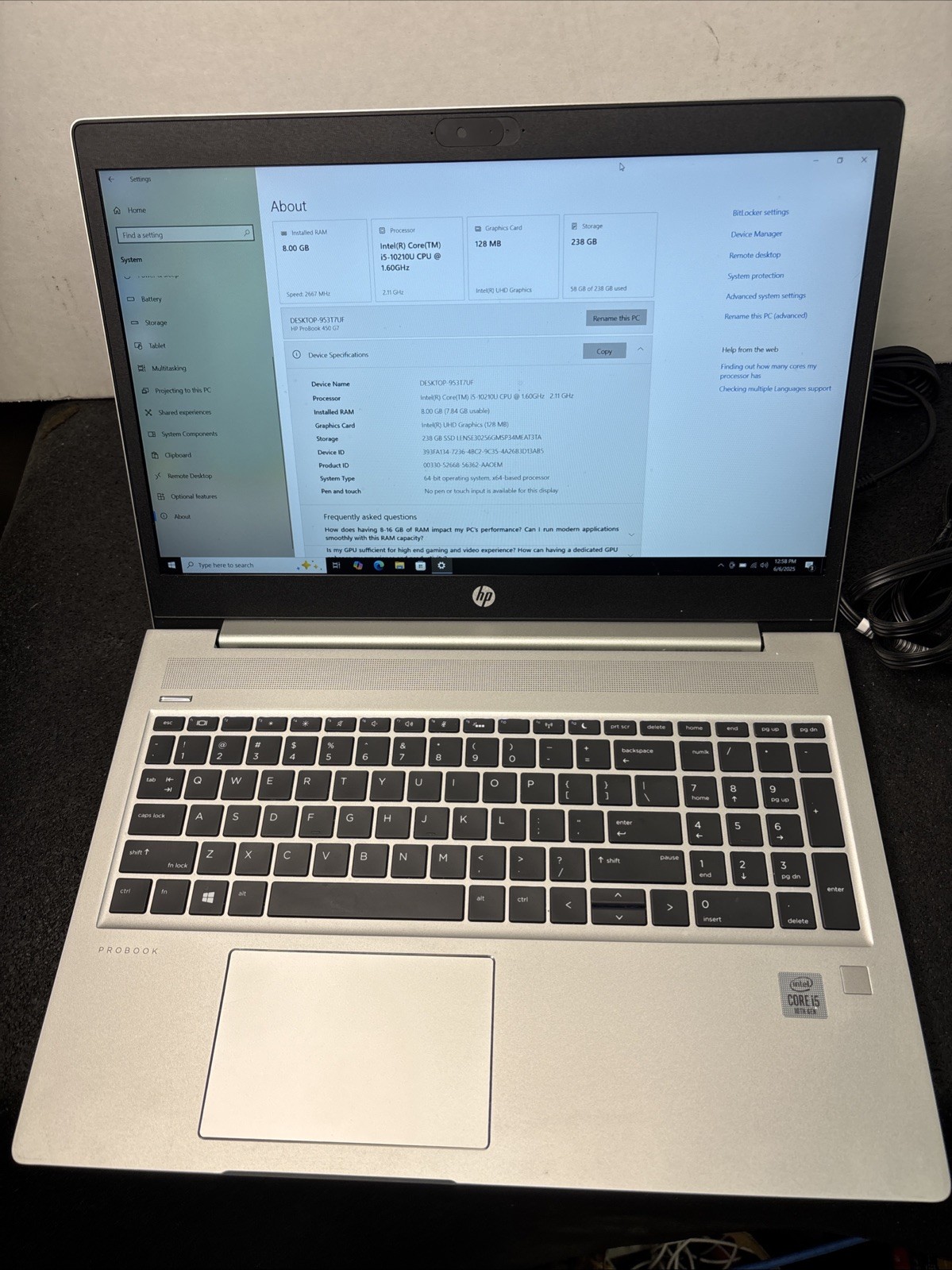 HP ProBook G7 450 15 2019 Silver 1.6 GHz i5-10210U 8GB RAM 256GB SSD – WIN 10 P