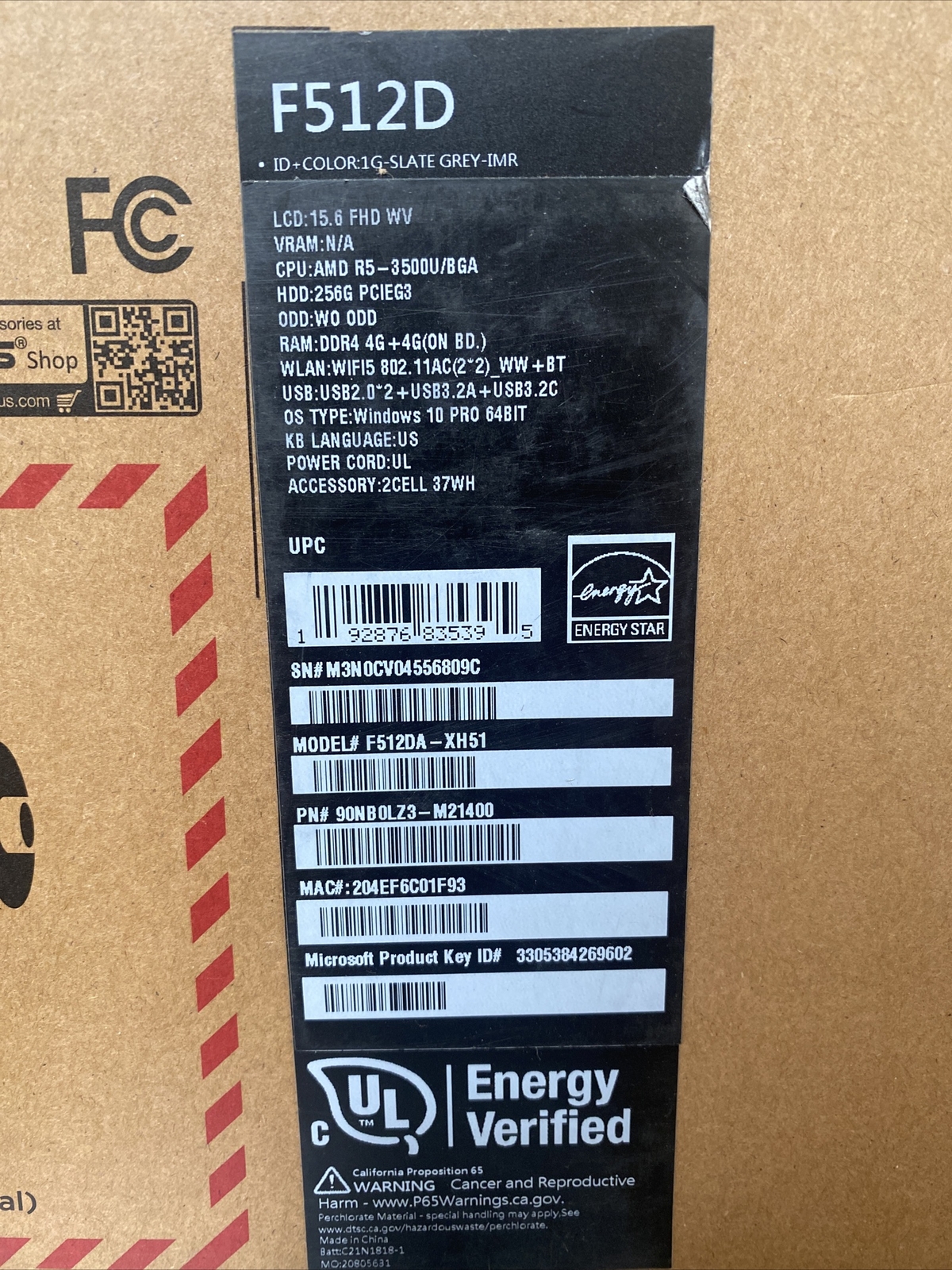 ASUS VivoBook 15″ FHD Laptop AMD Ryzen 5 3500u 8gb 512gb SSD Win10