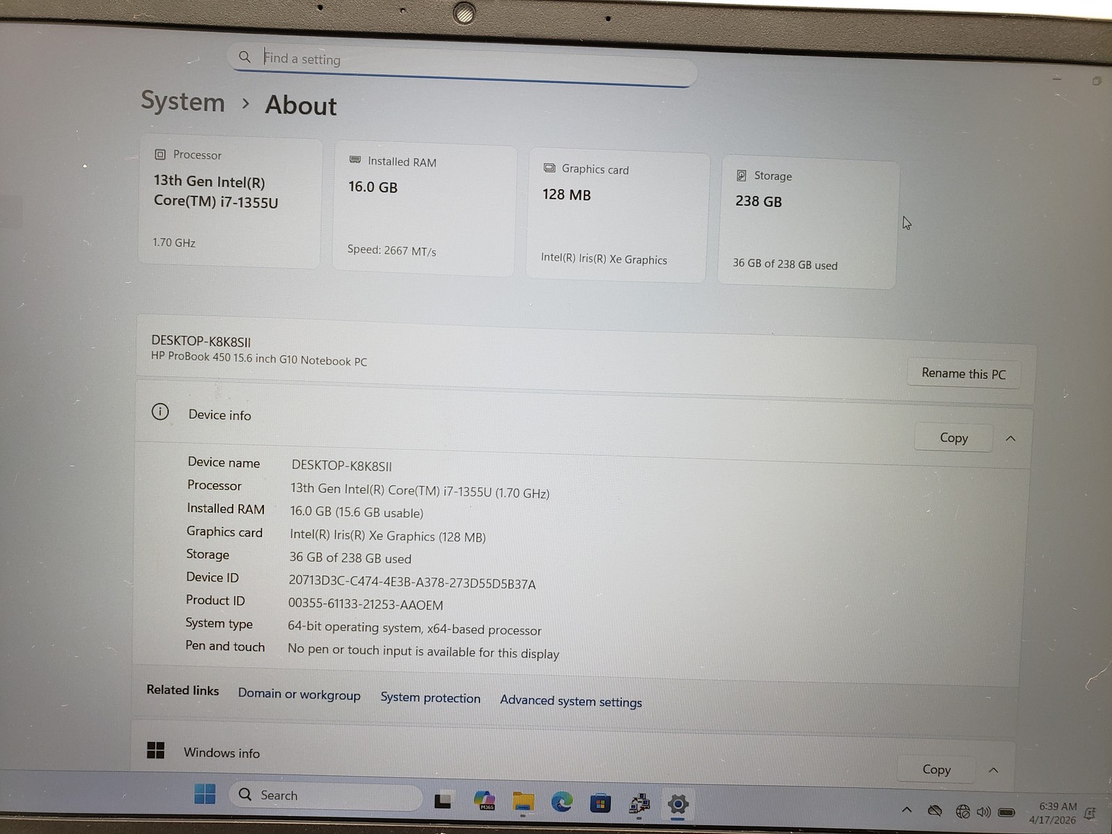 HP ProBook 450 G10 Core i7-1355U 16GB RAM 256GB SSD 15.6″ Laptop PC Win 11 Pro.