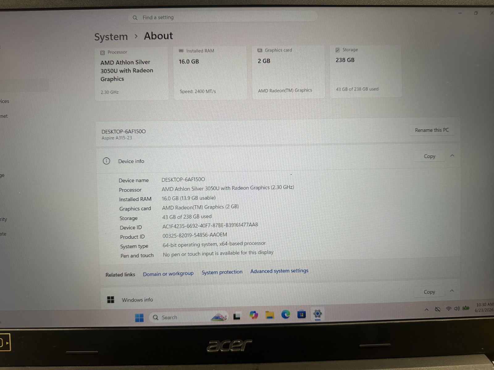 Acer Aspire 3 Model N18QW13 AMD Athlon Silver 3050U @2.30GHz 16GB RAM 256 NVME