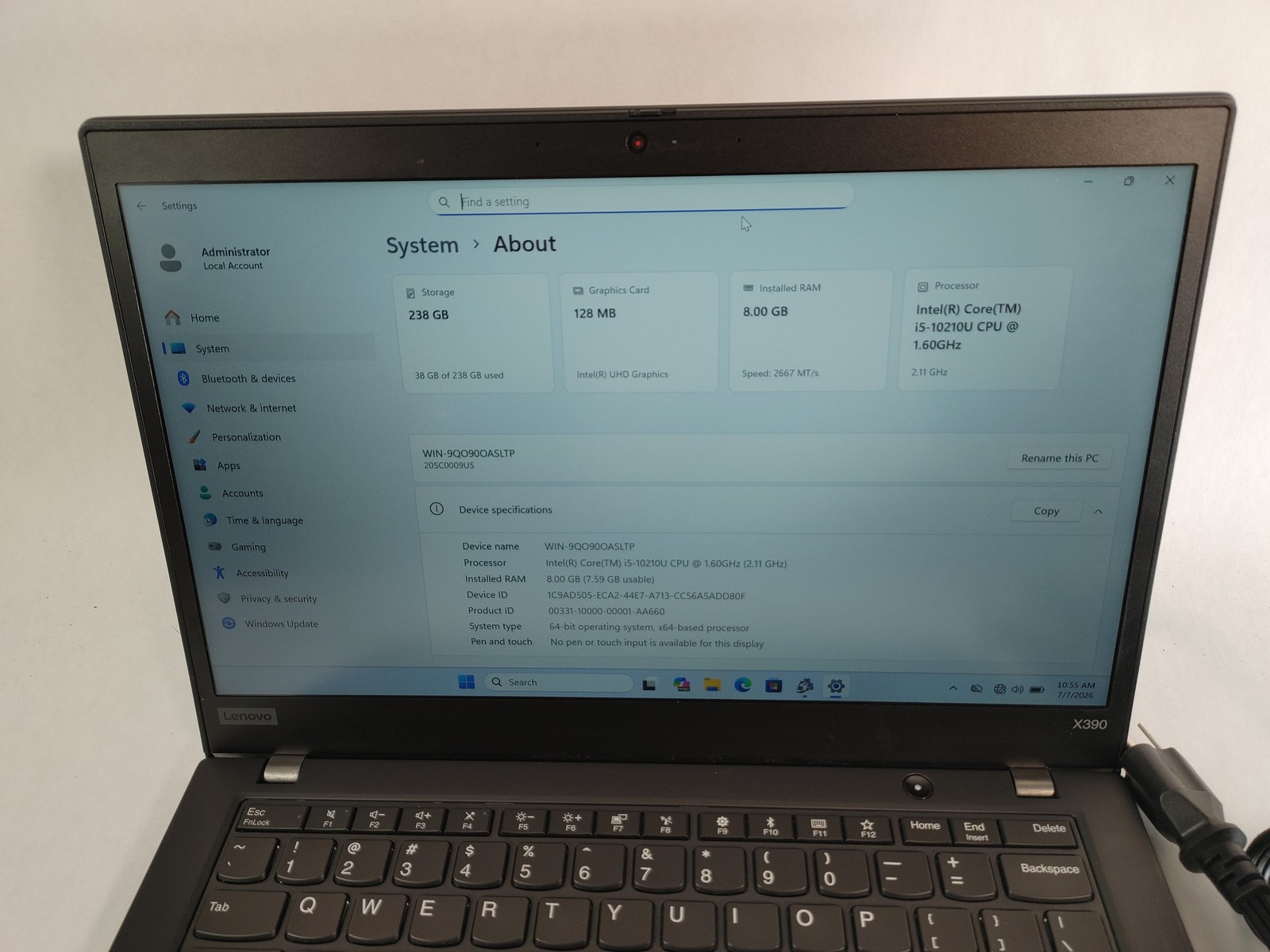 Lenovo ThinkPad X390 Core i5-10210U 1.60 GHz 8 GB DDR4 256 GB M.2 Windows 11 Pro