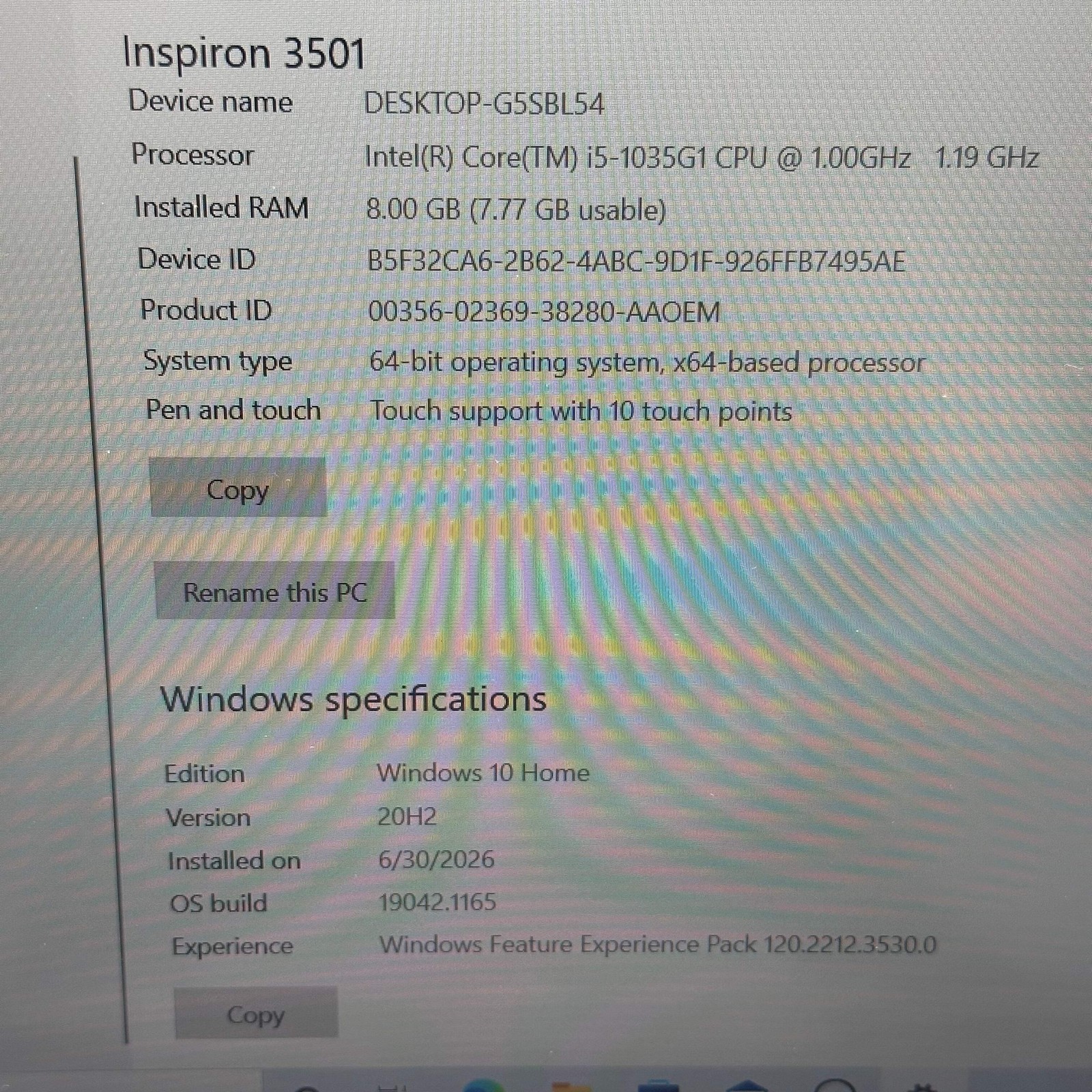 Dell Inspiron 3501 15.6″ Touchscreen Laptop i5-1035G1 8GB RAM 256GB SSD
