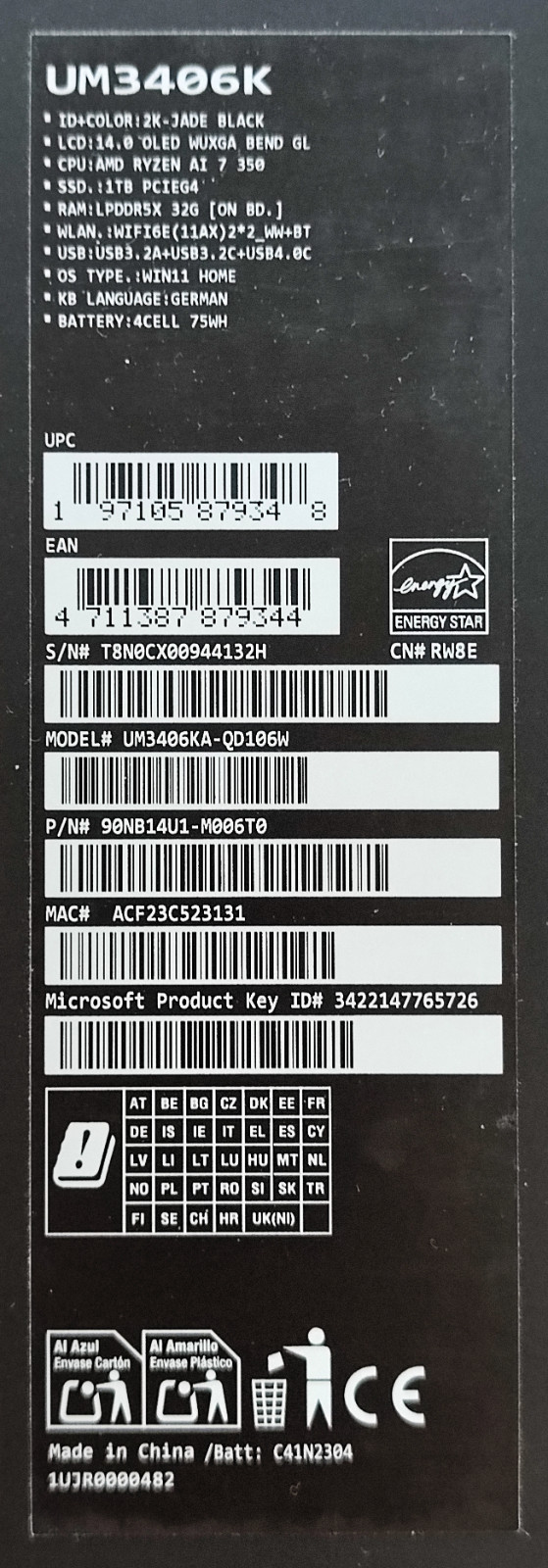 ASUS Zenbook 14 OLED UM3406KA Ryzen AI 7 350 32 GB 1 TB New Original Packaging Invoice