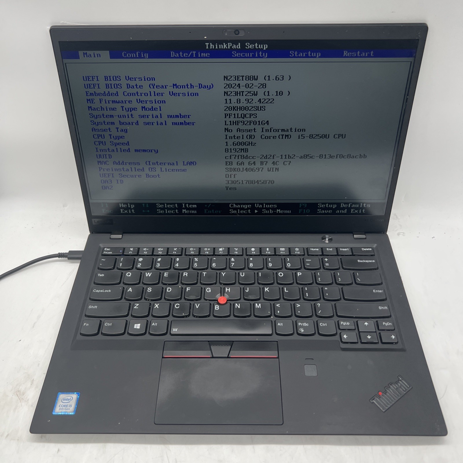Lenovo ThinkPad X1 Carbon 6th I5 8250U 1.6GHz 8GB RAM No Drive No OS No Battery