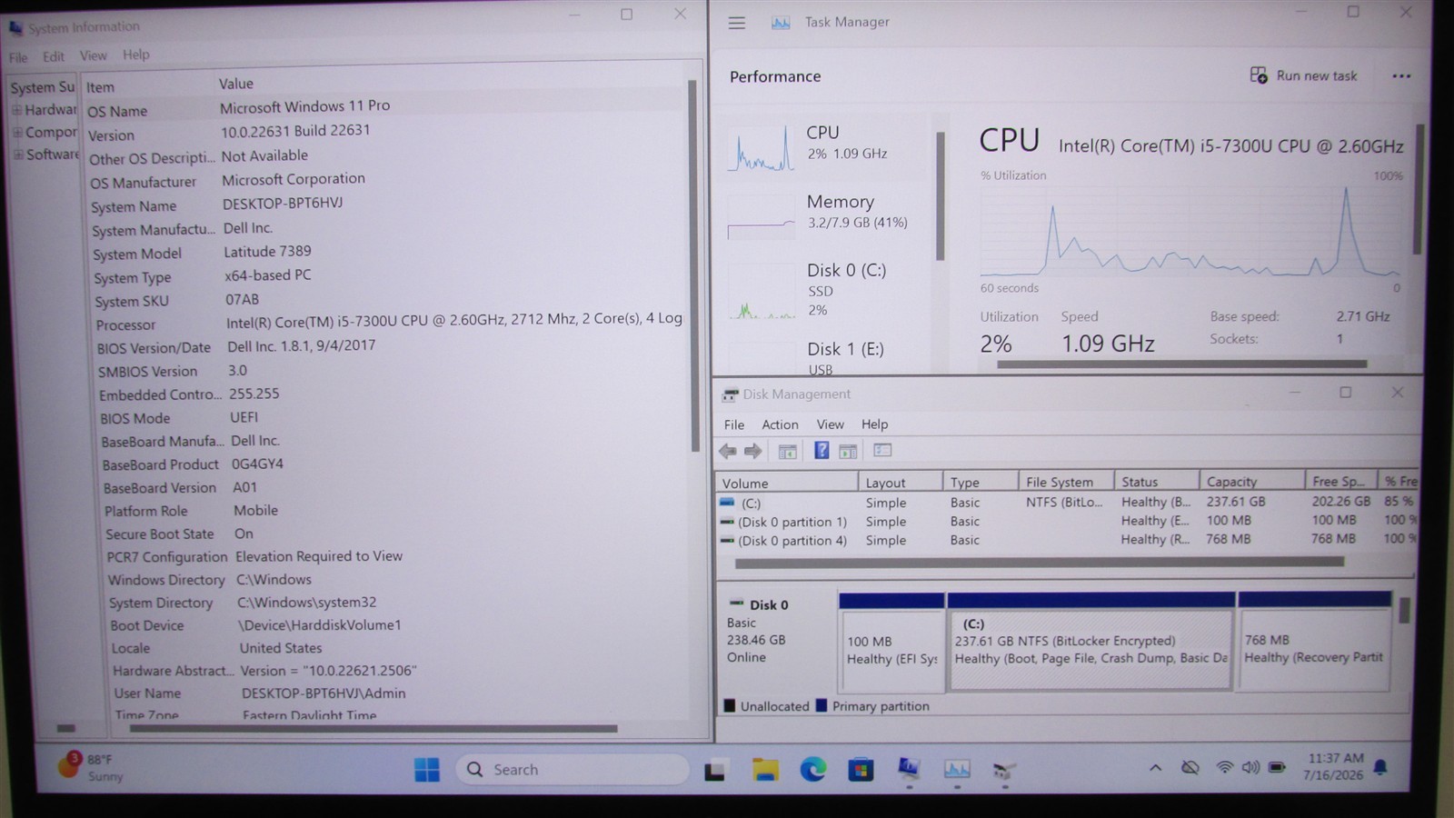 Dell Latitude 7389 i5-7300U 2.6GHz 8GB RAM 256GB m.2 14″ W11P Touch POOR BAT/KB