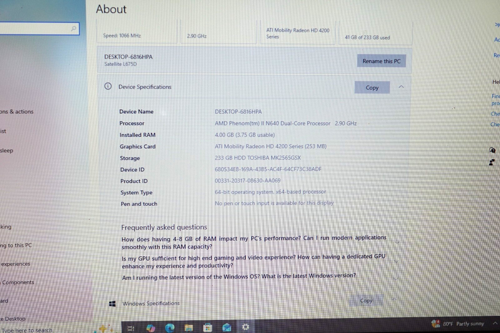 Active 22H2 Version WIN10PRO Toshiba L675D-S7052@2.90GHz,4GB RAM,250GB HDD.
