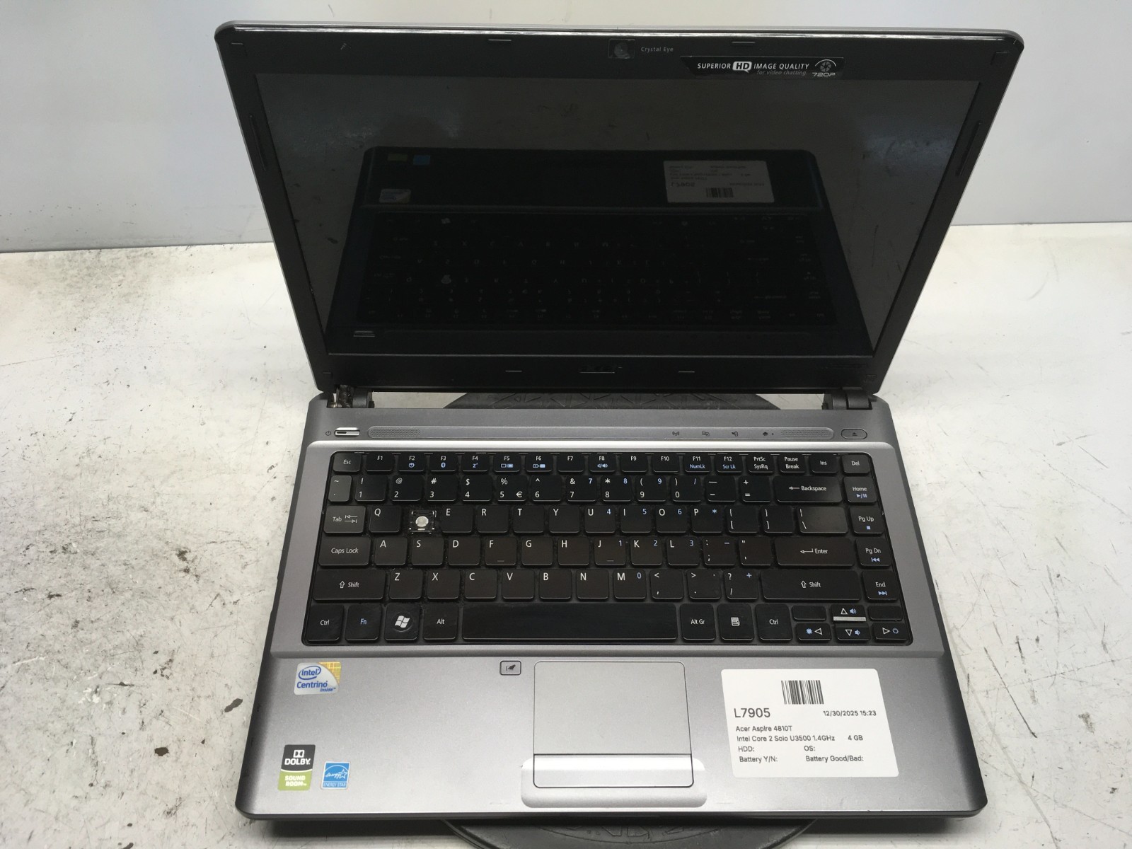Acer Aspire 4810T Intel Core 2 Solo U3500 1.4GHz 4 GB NO HDD