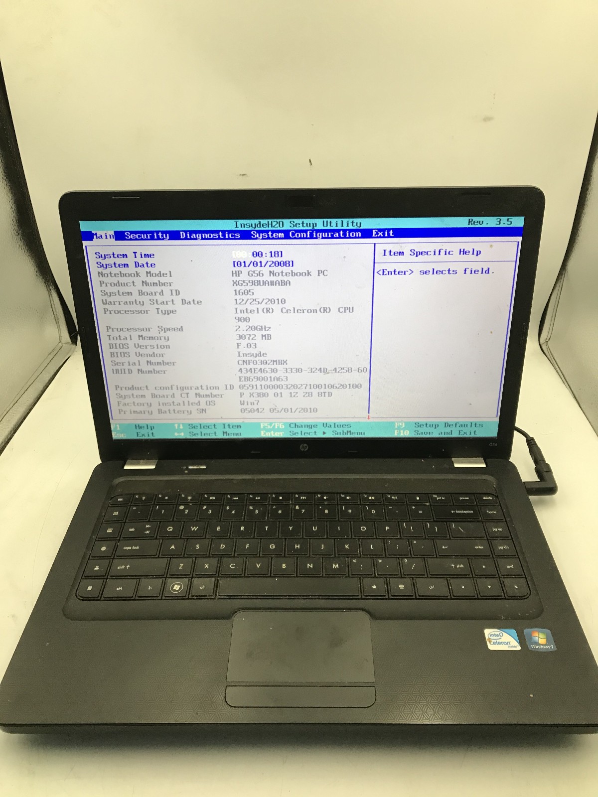 HP G56 129WM NOTEBOOK -BOOTS TO BIOS- INTEL CELERON 900 – 3GB RAM -READ DESC- BB