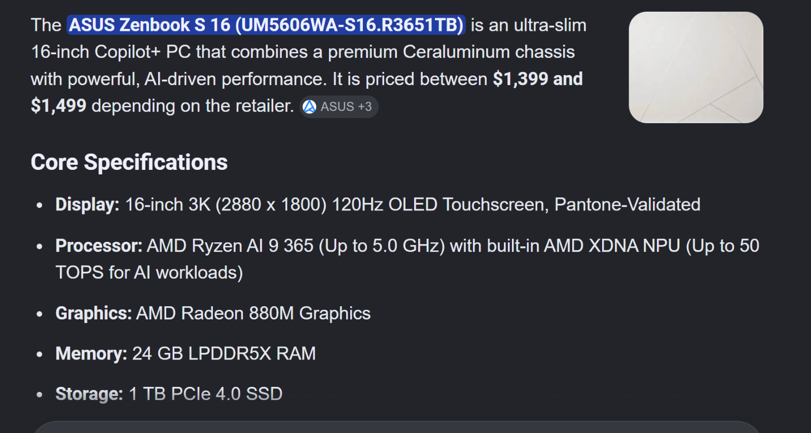 FULL WARRANTY -ASUS Zenbook S 16″ 3K OLED AMD Ryzen AI 9 365 24GB 1TB SSD