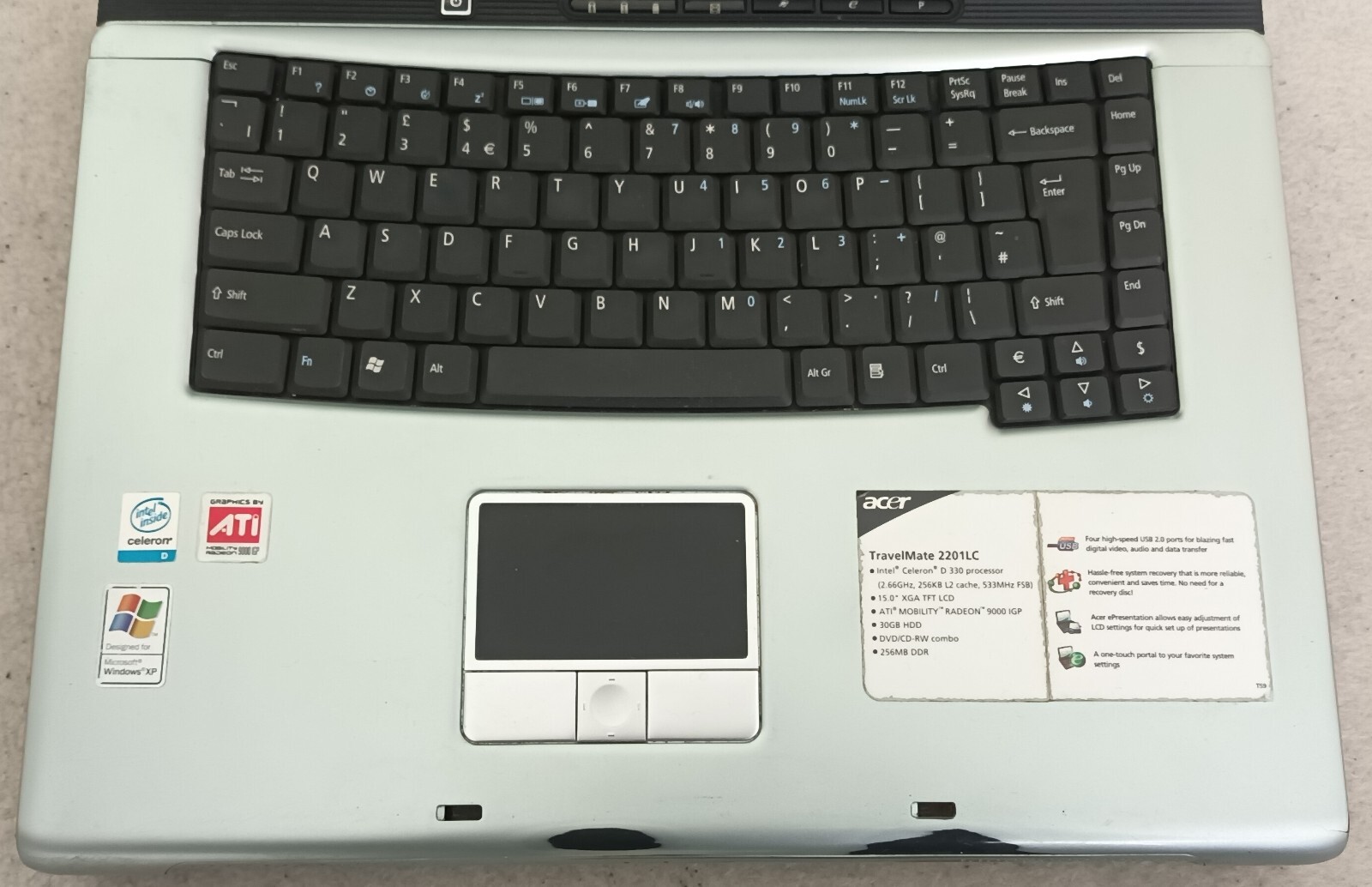 Acer Travelmate 2201LC LW80 LA-2411 Laptop 15″ 30GB 192MB Windows XP ATI Celeron