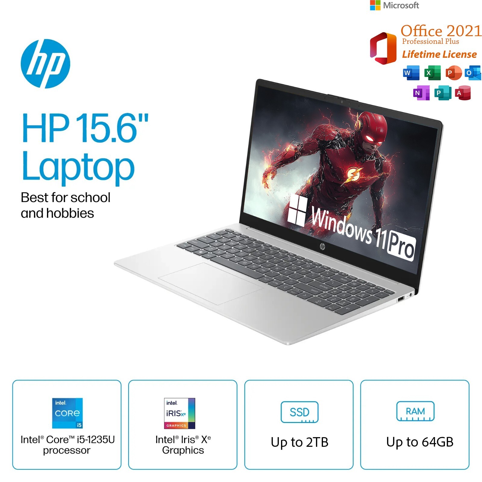 HP Laptop 15.6″ FHD Intel i5-1235U Up to 64GB RAM & 2TB SSD Windows11 Pro+OFFICE