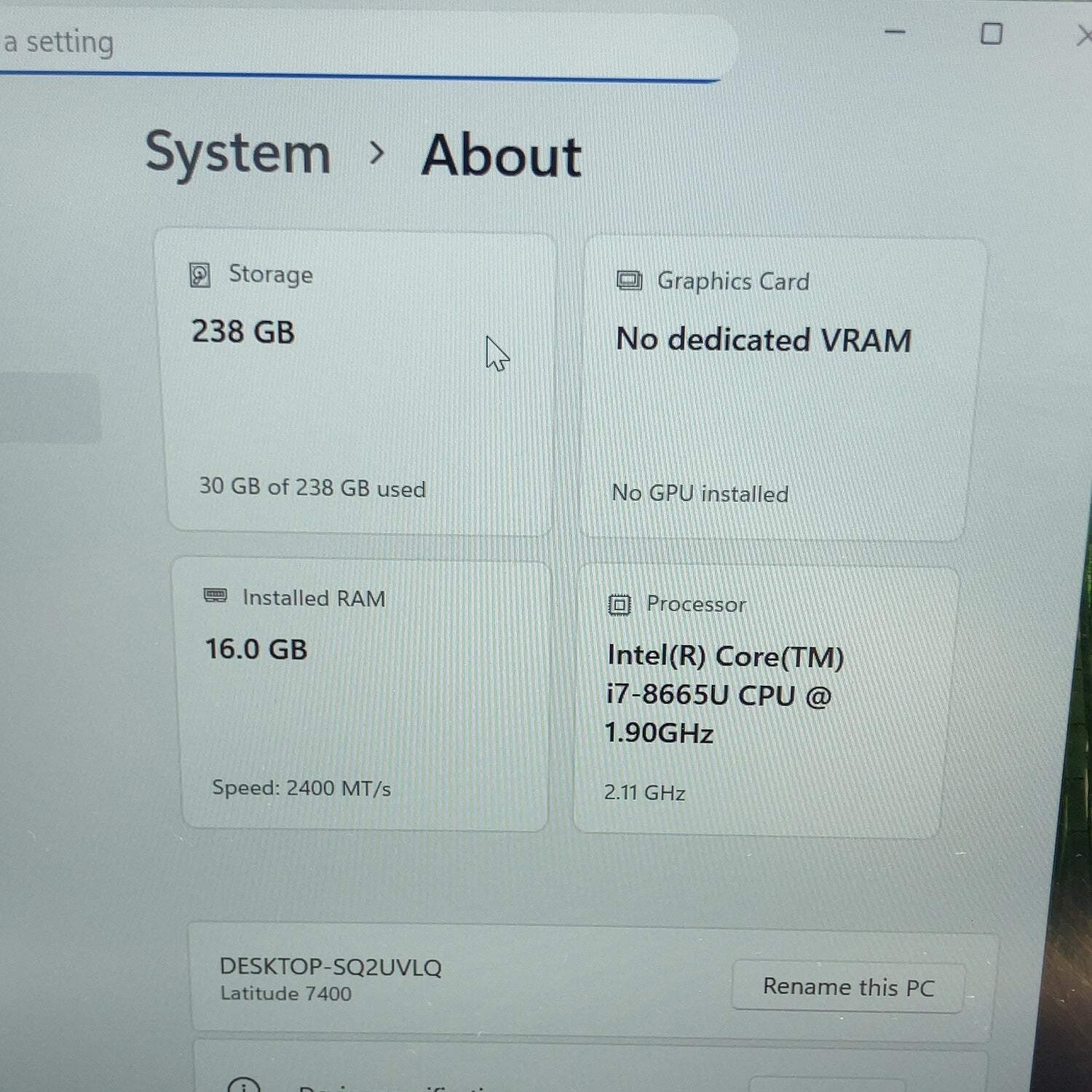 Dell Latitude 7400 14″ i7-8665U 1.9GHz 16GB RAM 256GB SSD WIN 11 BATT EXCELLENT