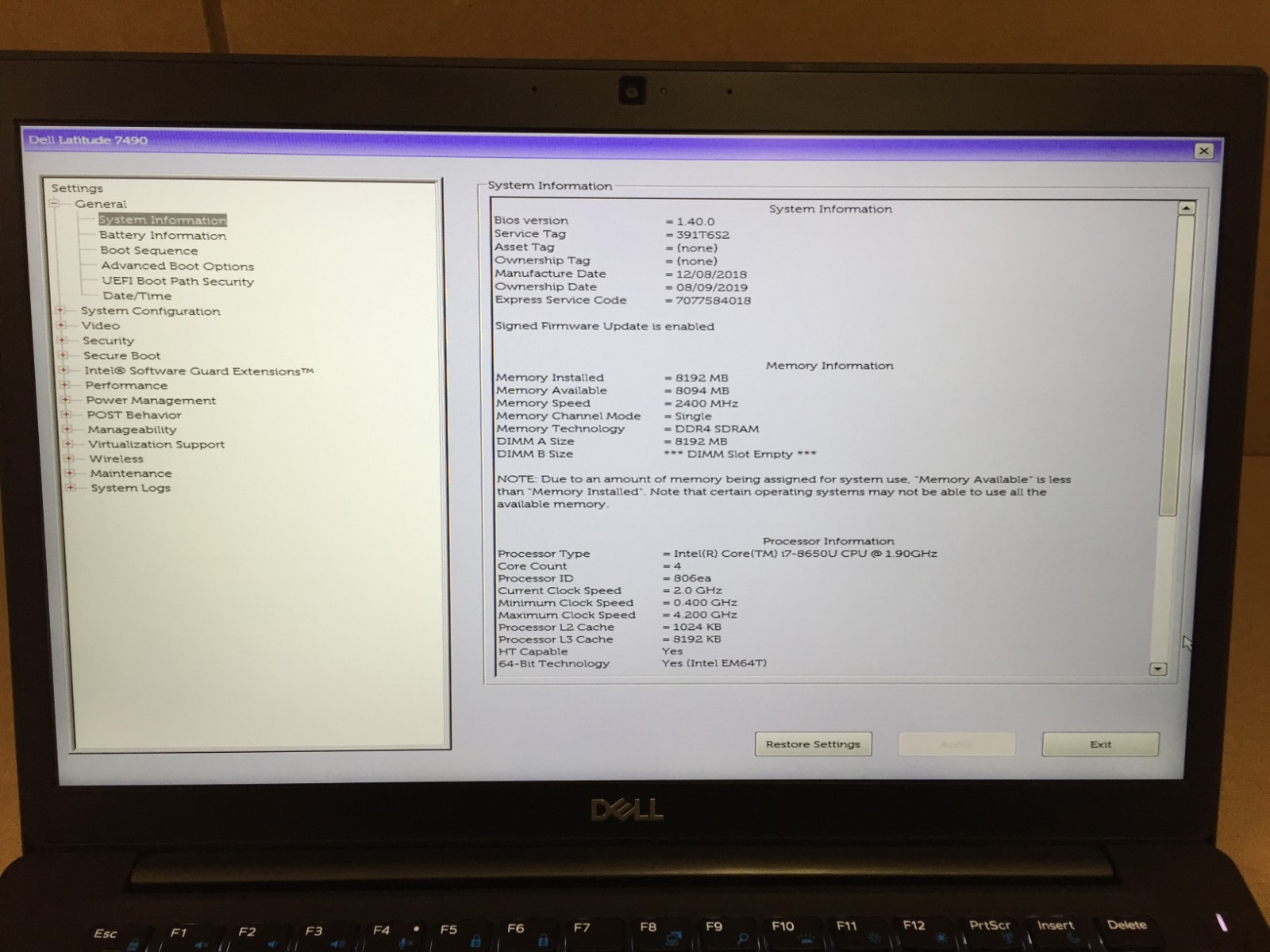Dell Latitude 7490 14″ FHD Laptop i7-8650U 8GB RAM 256GB SSD w/AC