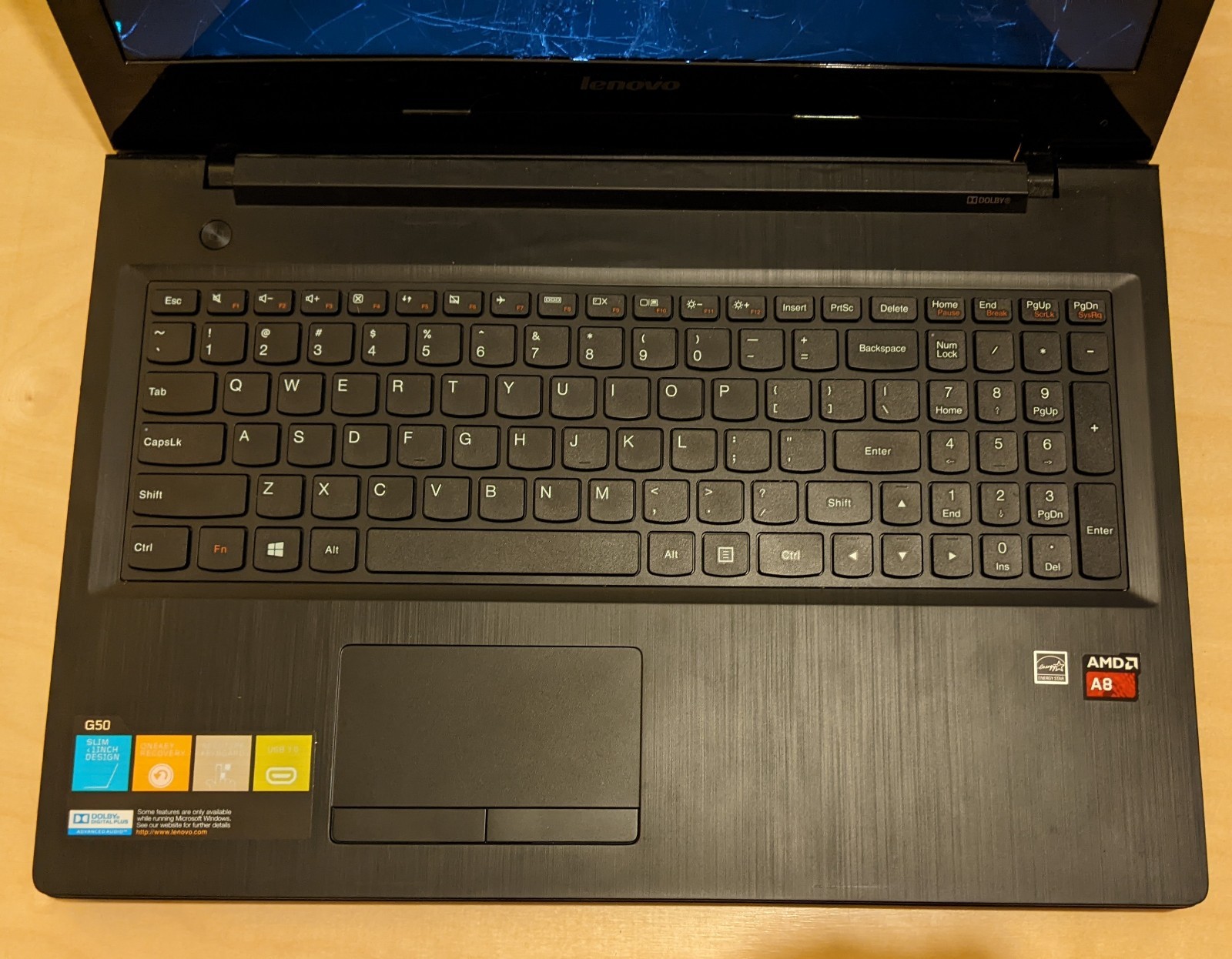 Lenovo G50-45 80E3 Laptop Broken screen No HDD NO AC AMD A8-6410 2.00GHz 6GB RAM
