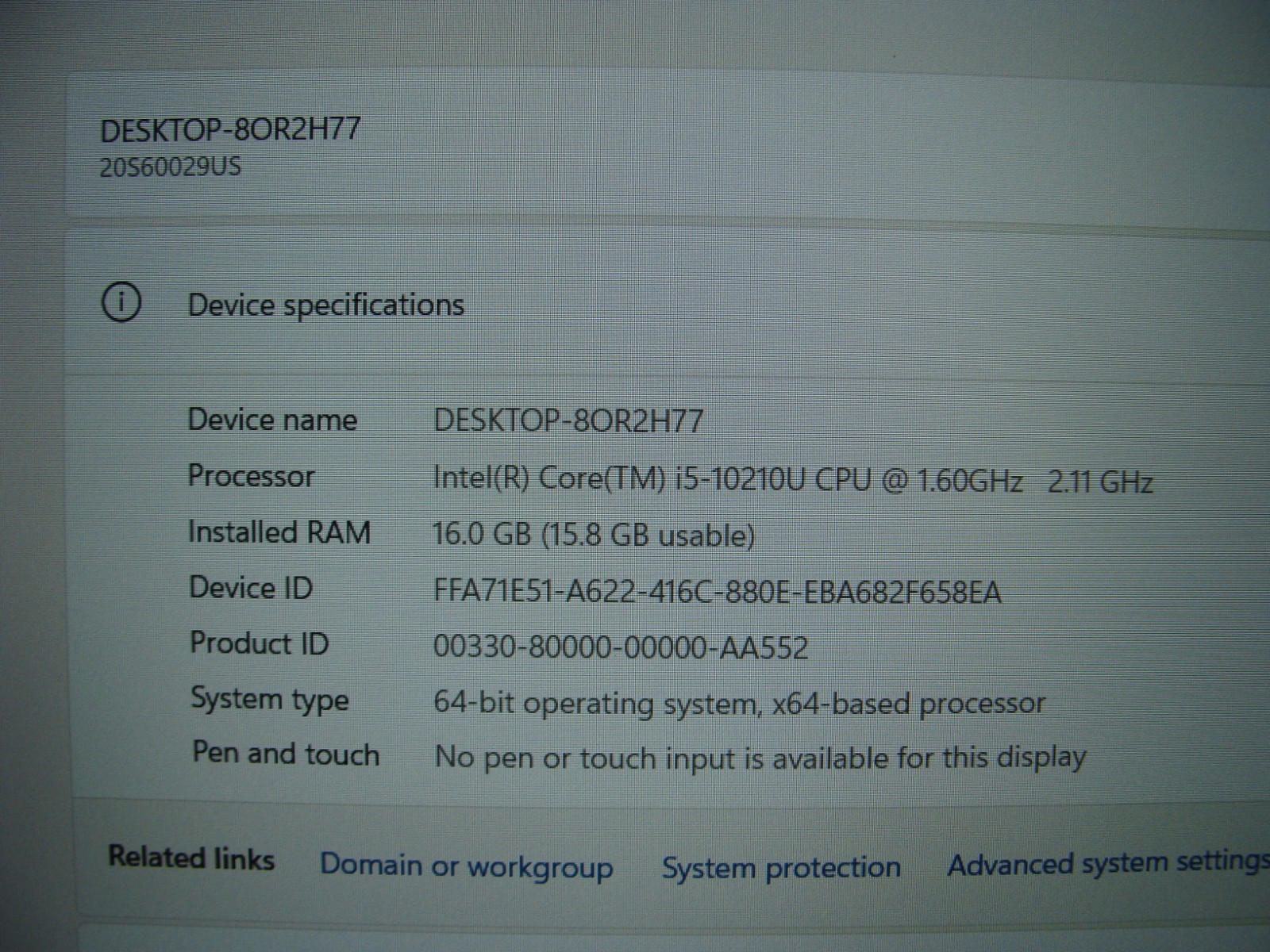 Lenovo ThinkPad T15 Gen 1 15.6″FHD Core i5-10210U 1.60GHZ 16GB 256GB Win 11 Pro