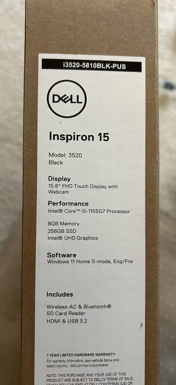 NEW DELL 15.6″ Inspiron 3520 FHD Touchscreen Intel i5-1155G7/8GB/256GB LAPTOP