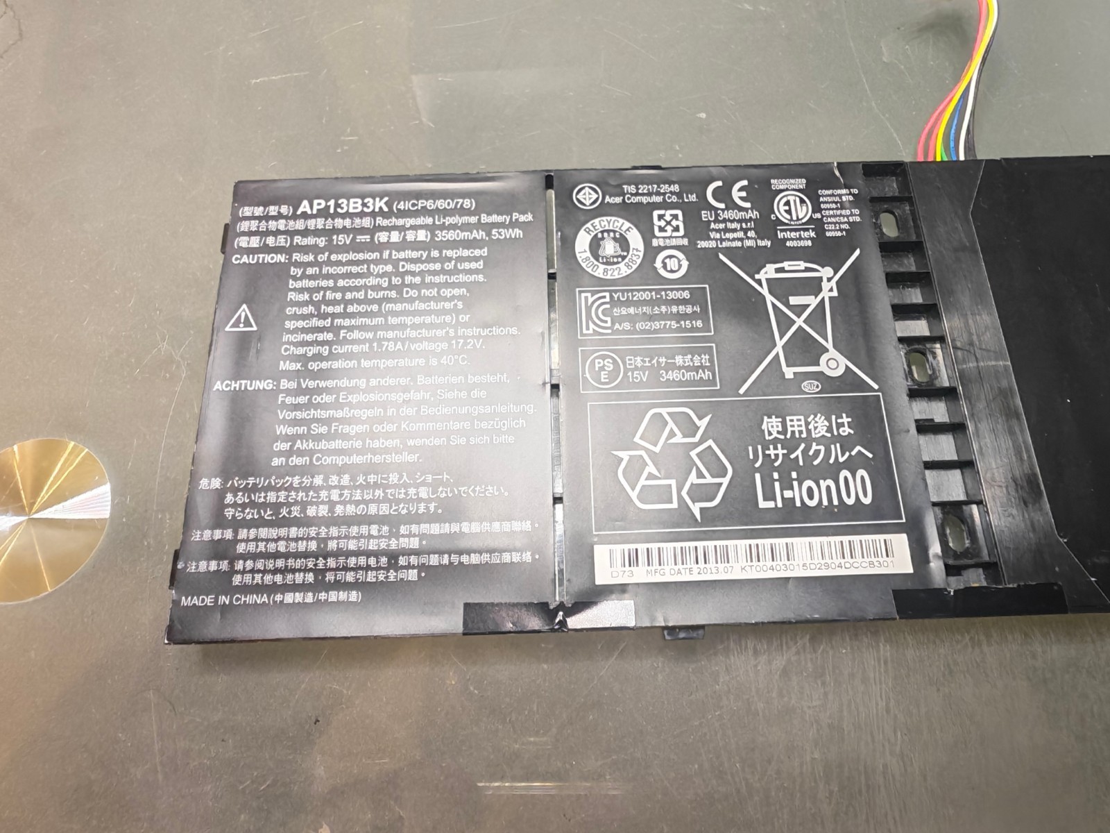 ACER BATTERY AP13B3K 15.V 3560mAh 53Wh ORIGINAL 97% #