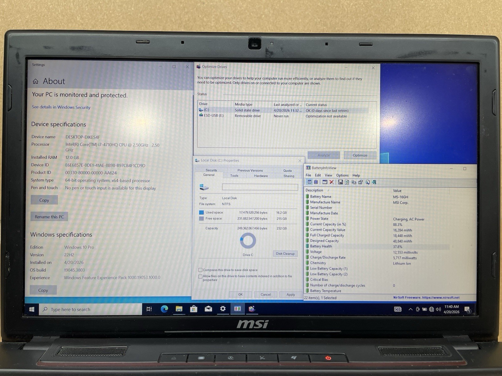 MSI MS-16GH Laptop, Intel Core i7-47210HQ, 12GB RAM, 250GB SSD, Windows 10