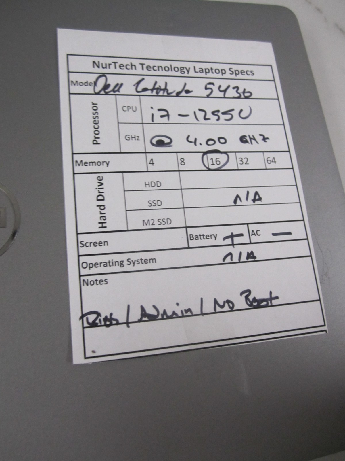 Dell Latitude 5430 i7-1255U 4.00GHz 16GB LAPTOP NO HDD/AC/OS BIOS