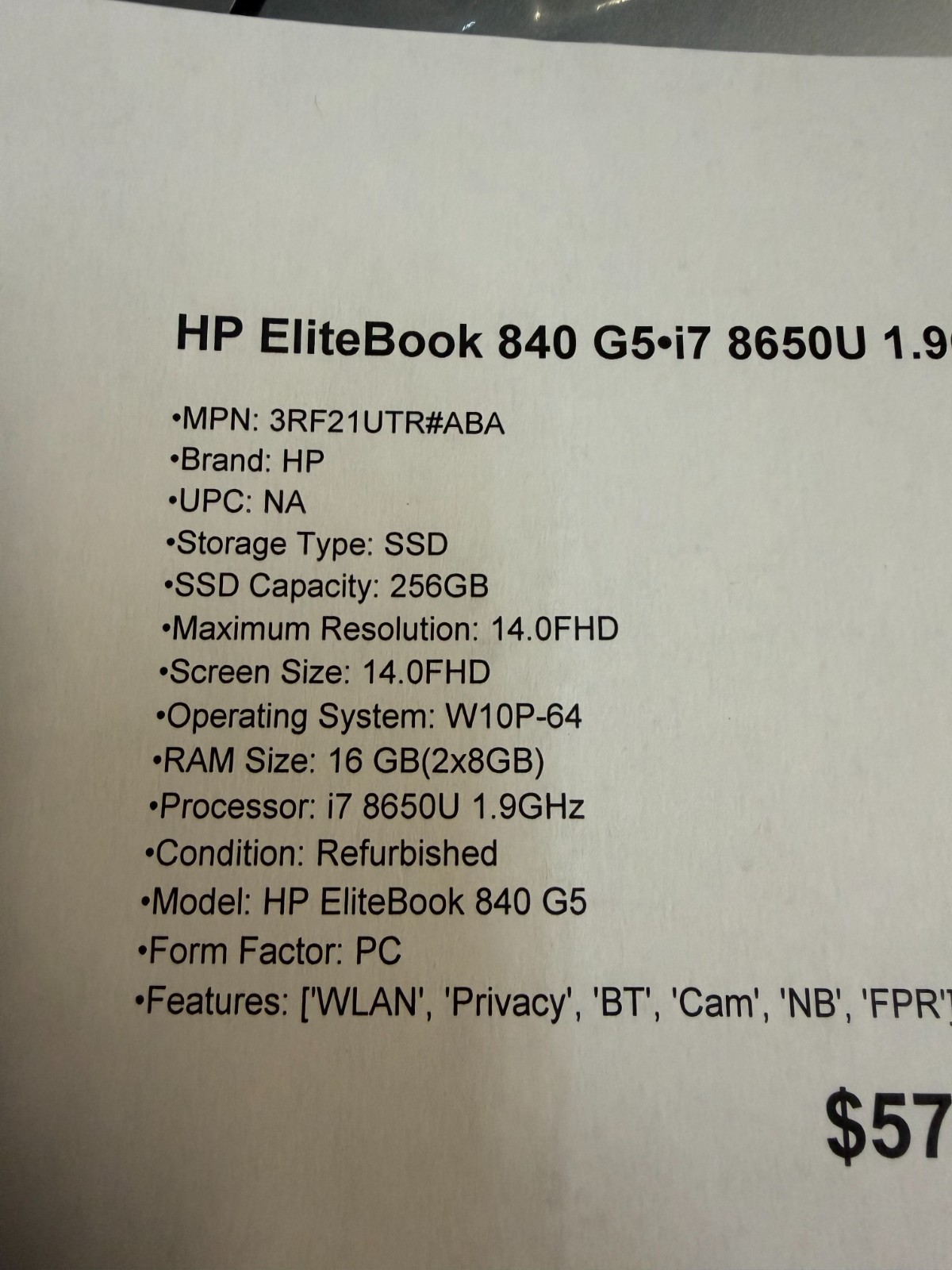 HP EliteBook 840 G5 14″ 1080 Touch i7 8650U 1.90GHz 16Gb Ram 256Gb NVMe Win 11Pr