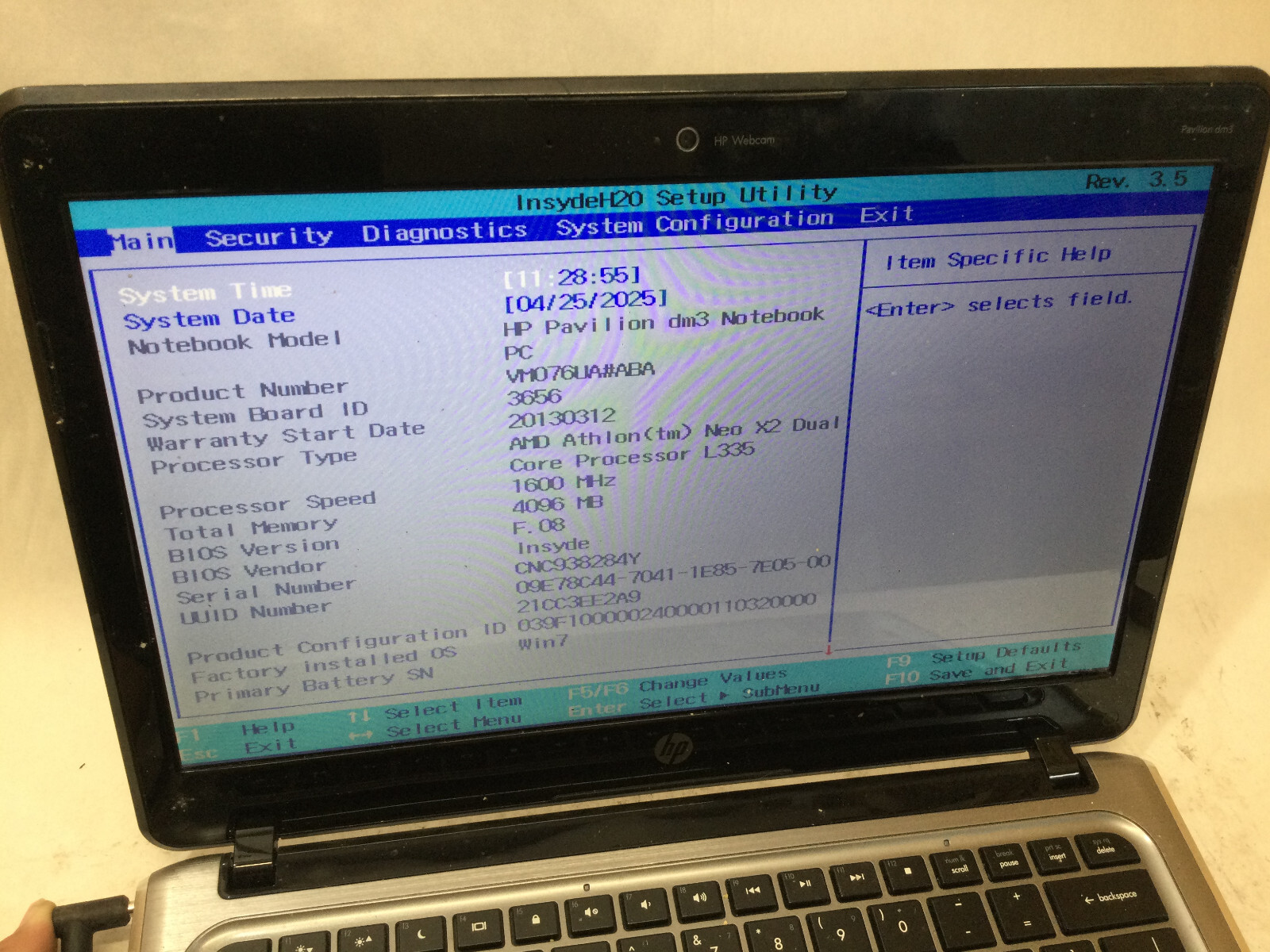 HP PAVILION DM3 – BOOTS TO BIOS – AMD ATHLON NEO X2 – 4GB RAM – READ DESCRIP -BB