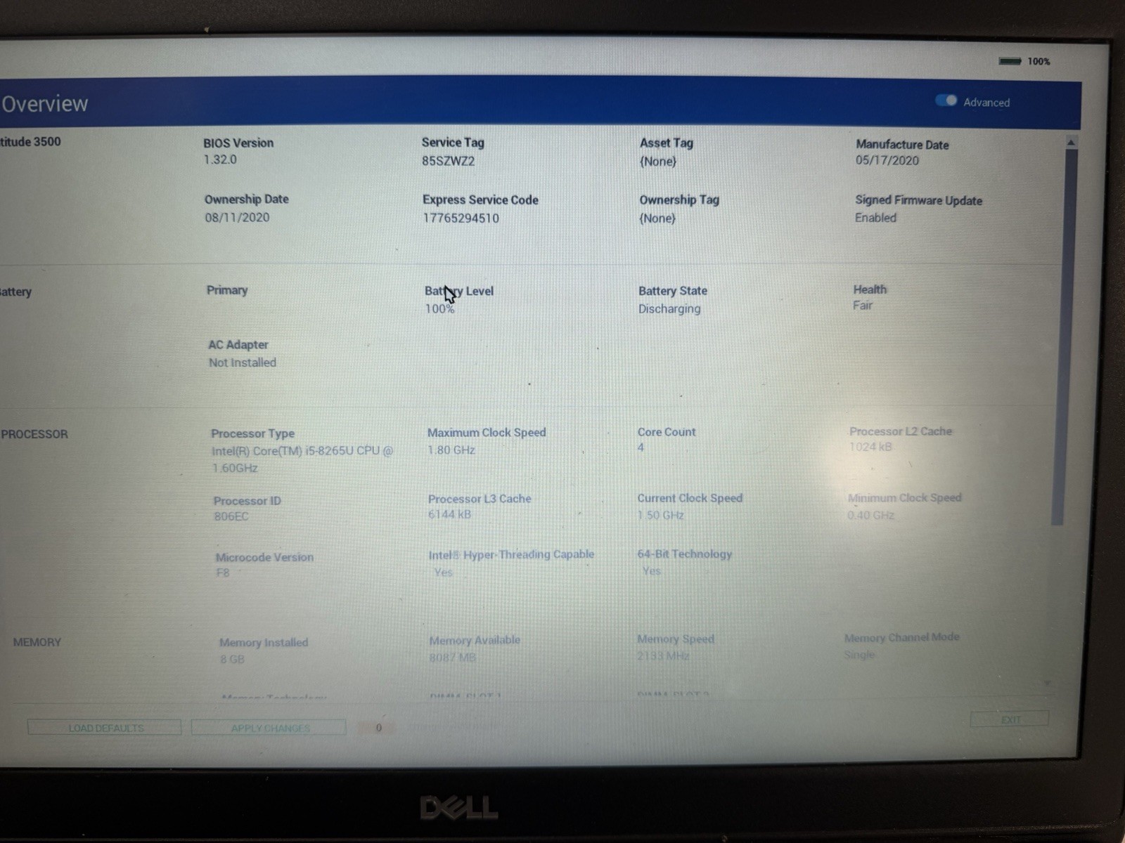 Dell Latitude 3500 15.6” FHD i5-8265U 8GB RAM Win11 Pro License | No SSD/Charger