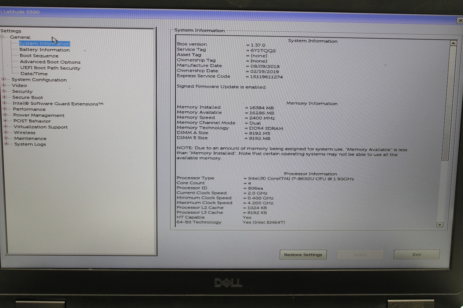 Dell Latitude 5590 _ i7-8650U @ 1.9 GHz _ 16GB RAM _ 256GB SSD _ No OS *READ