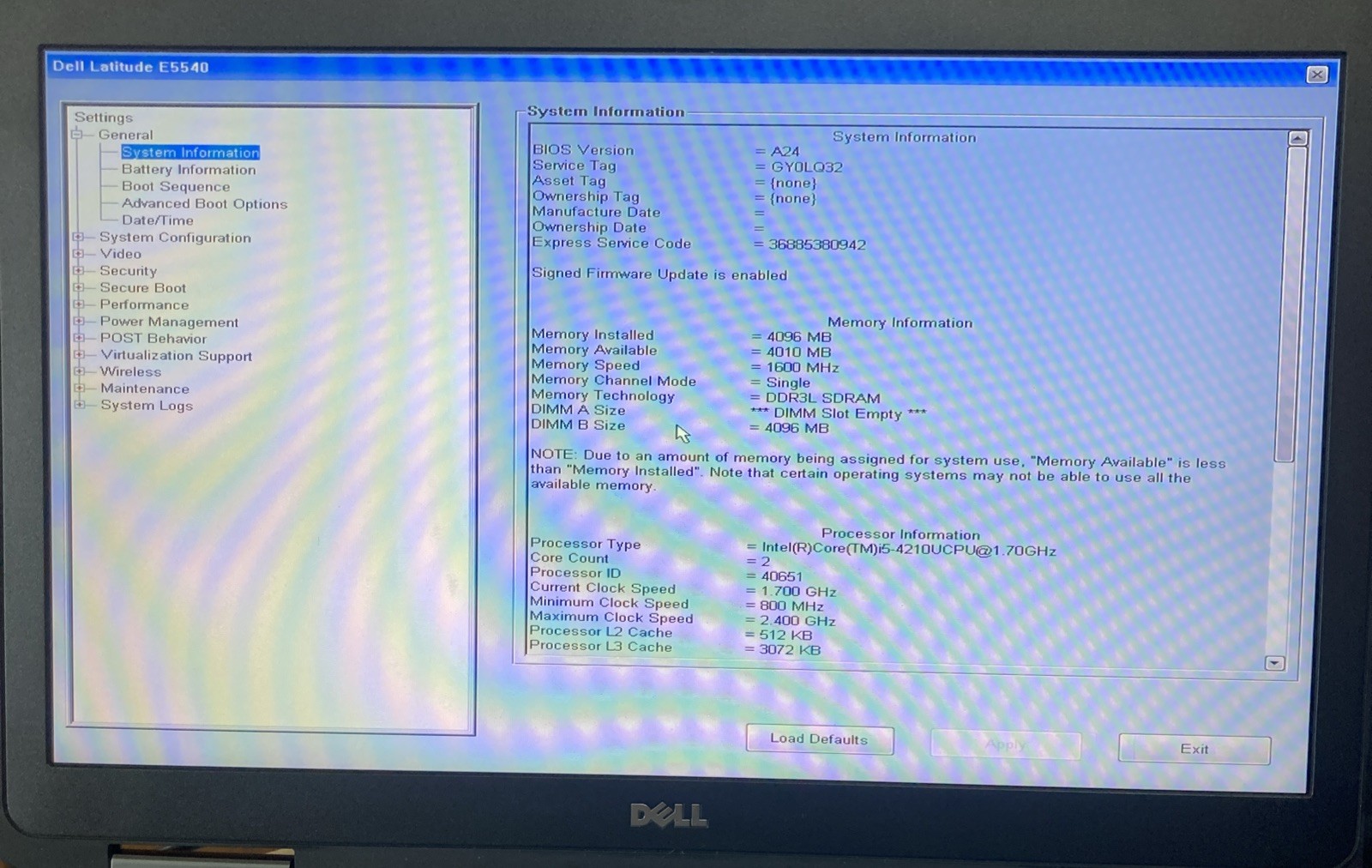 Dell Latitude E5540 Intel i5-4210U 1.7GHz 4 GB NO HDD Boot to BIOS no Battery
