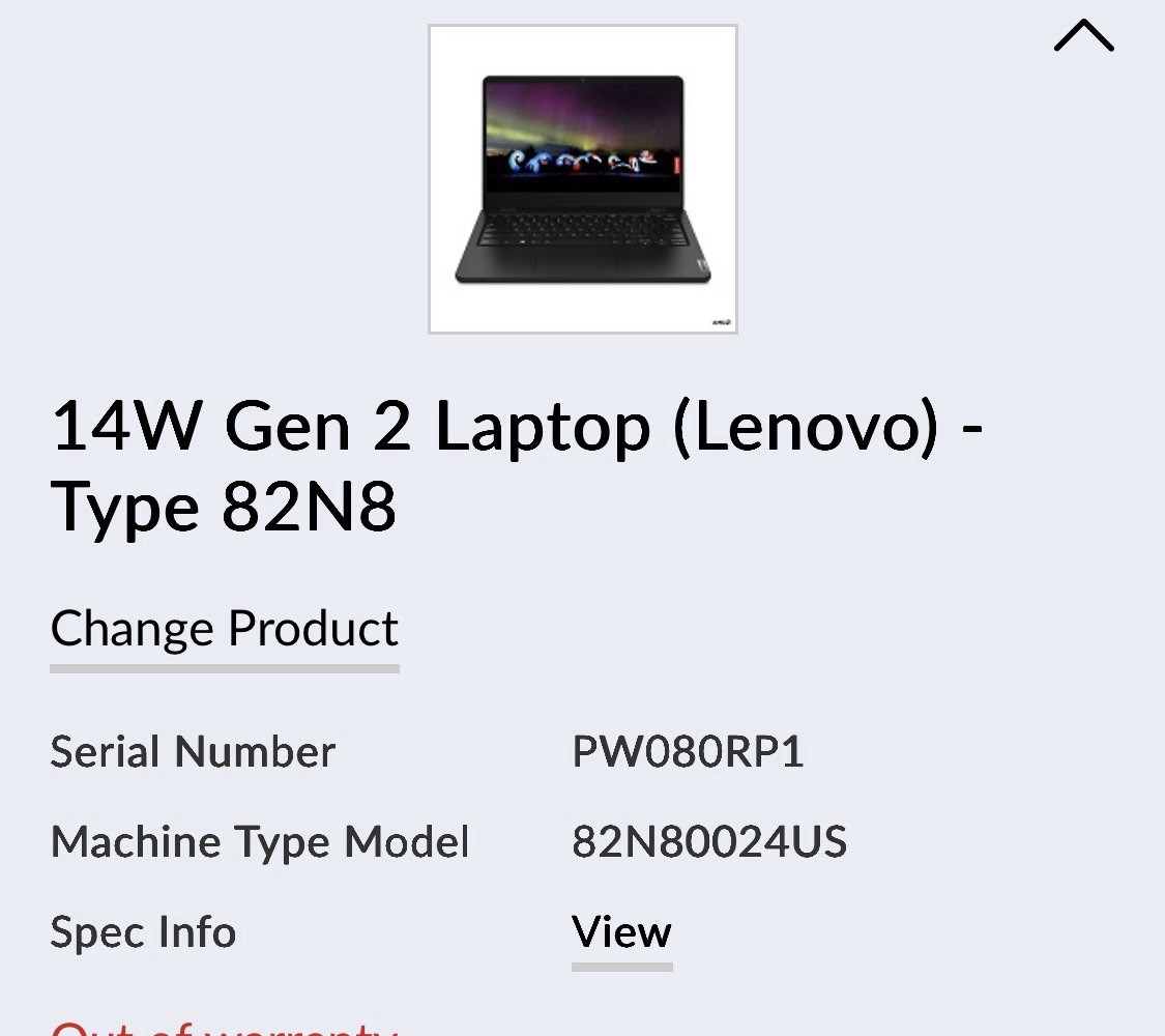 Lenovo Laptop 14W GEN 2 14″ Type 82N8. S/N PW080RP1- No Box-
