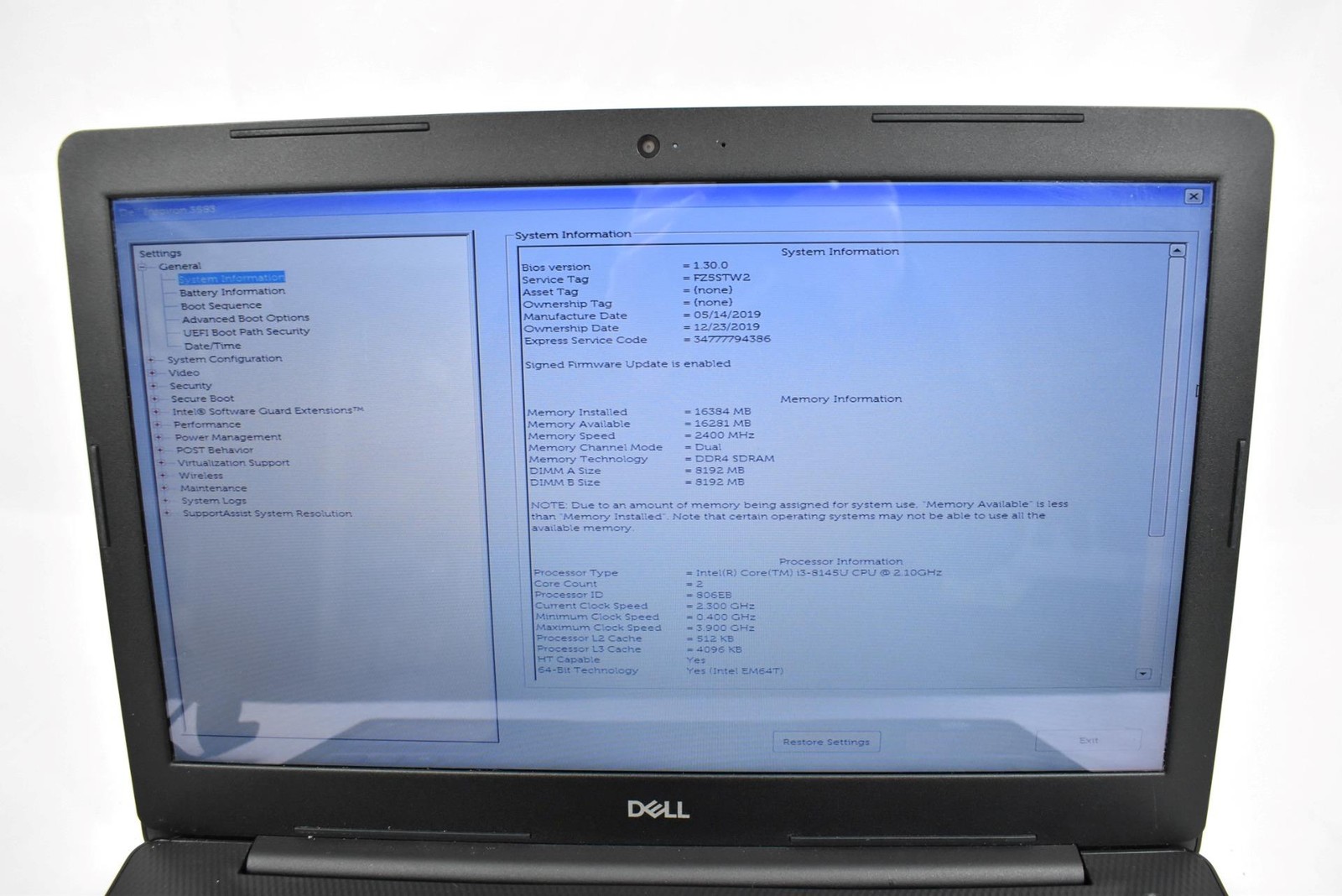 Dell Inspiron 3583 Touch Laptop i3-8145U 2.1GHz 16GB 256GB SSD No OS 15.6″