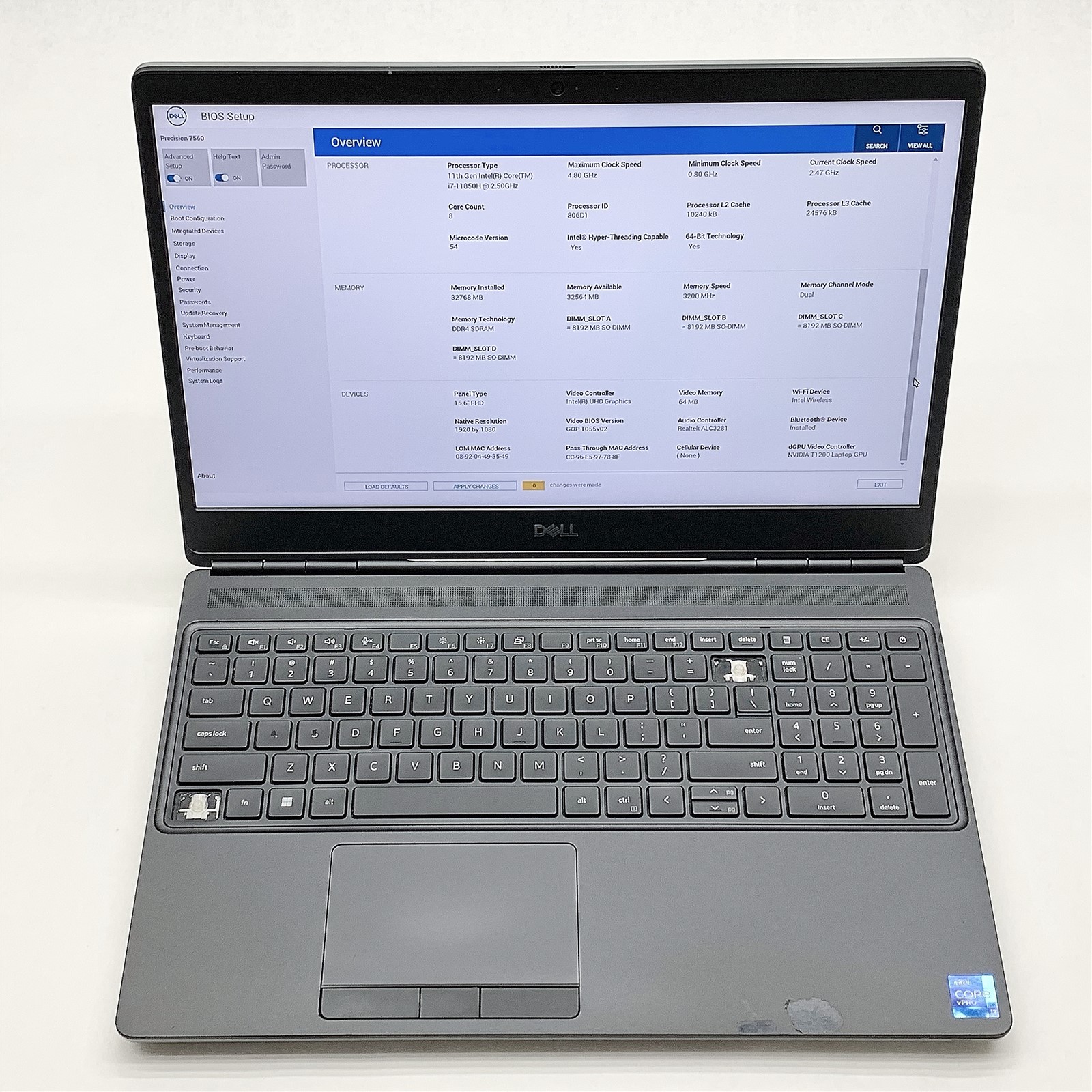 Dell Precision 7560 Laptop Intel i7 11850H 2.50GHZ 15.6″ FHD 32GB NO HDD T1200