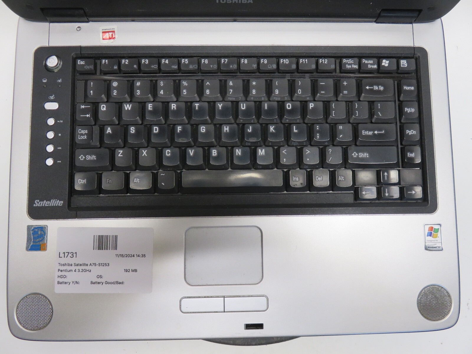 Toshiba Satellite A75-S1253 Pentium 4 3.2GHz 192 MB NO HDD No Batt