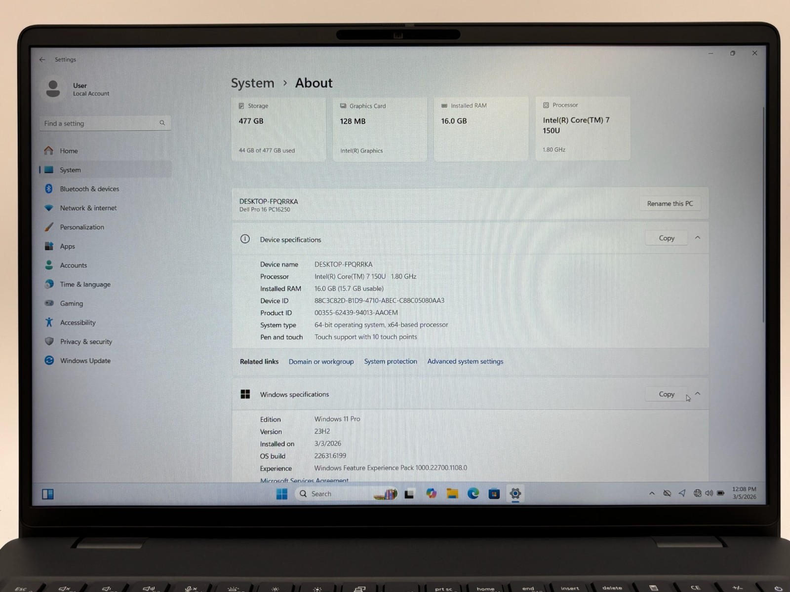 Dell Pro 16 PC16250 16″ 512 GB SSD 16 GB RAM Intel Core 7 150U Windows 11 Pro