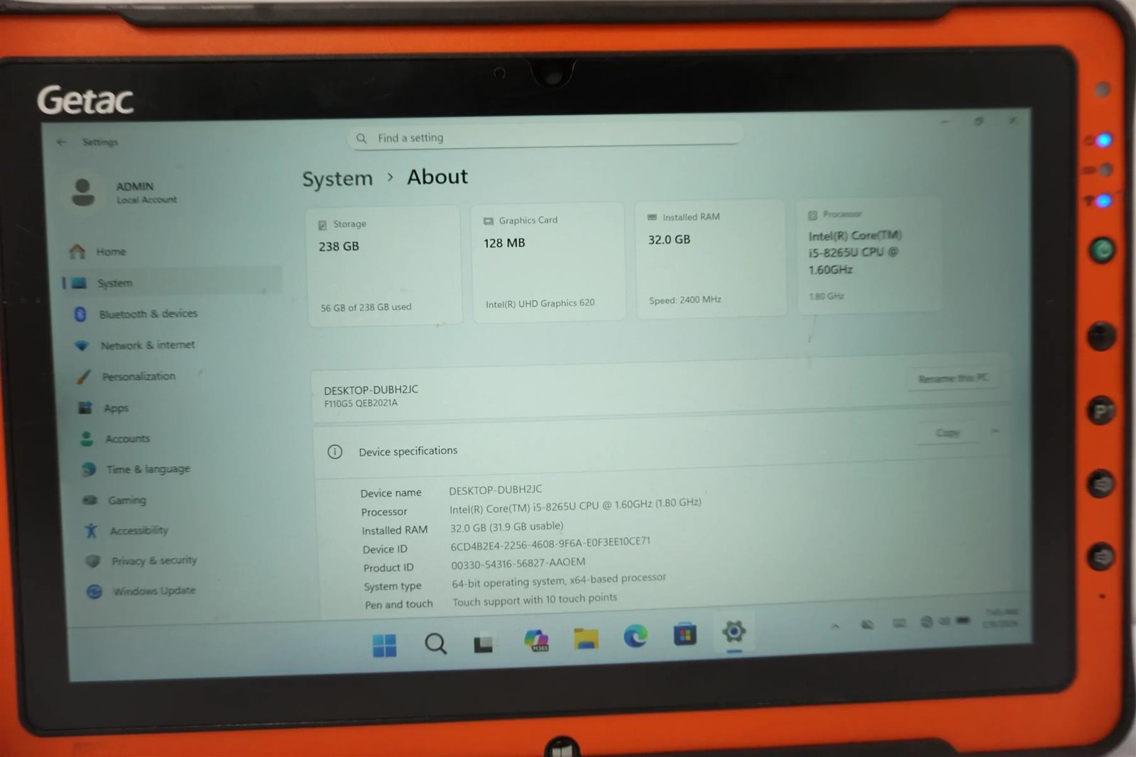 Getac F110 G5 11.6″ FHD Touch Core i5-8265U 1.60GHz 32GB 256GB SSD Tablet