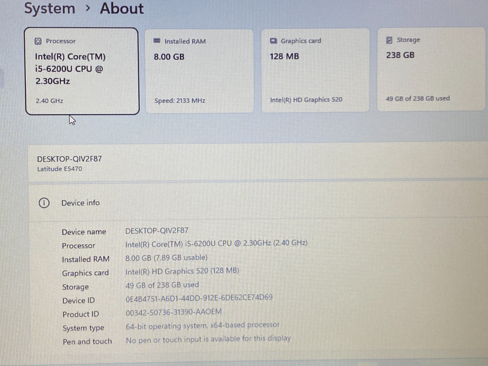 DELL LATITUDE E5470 14″ i5-6200U 8GB RAM 256GB SSD WINDOWS 11 PRO + BATTERY GOOD