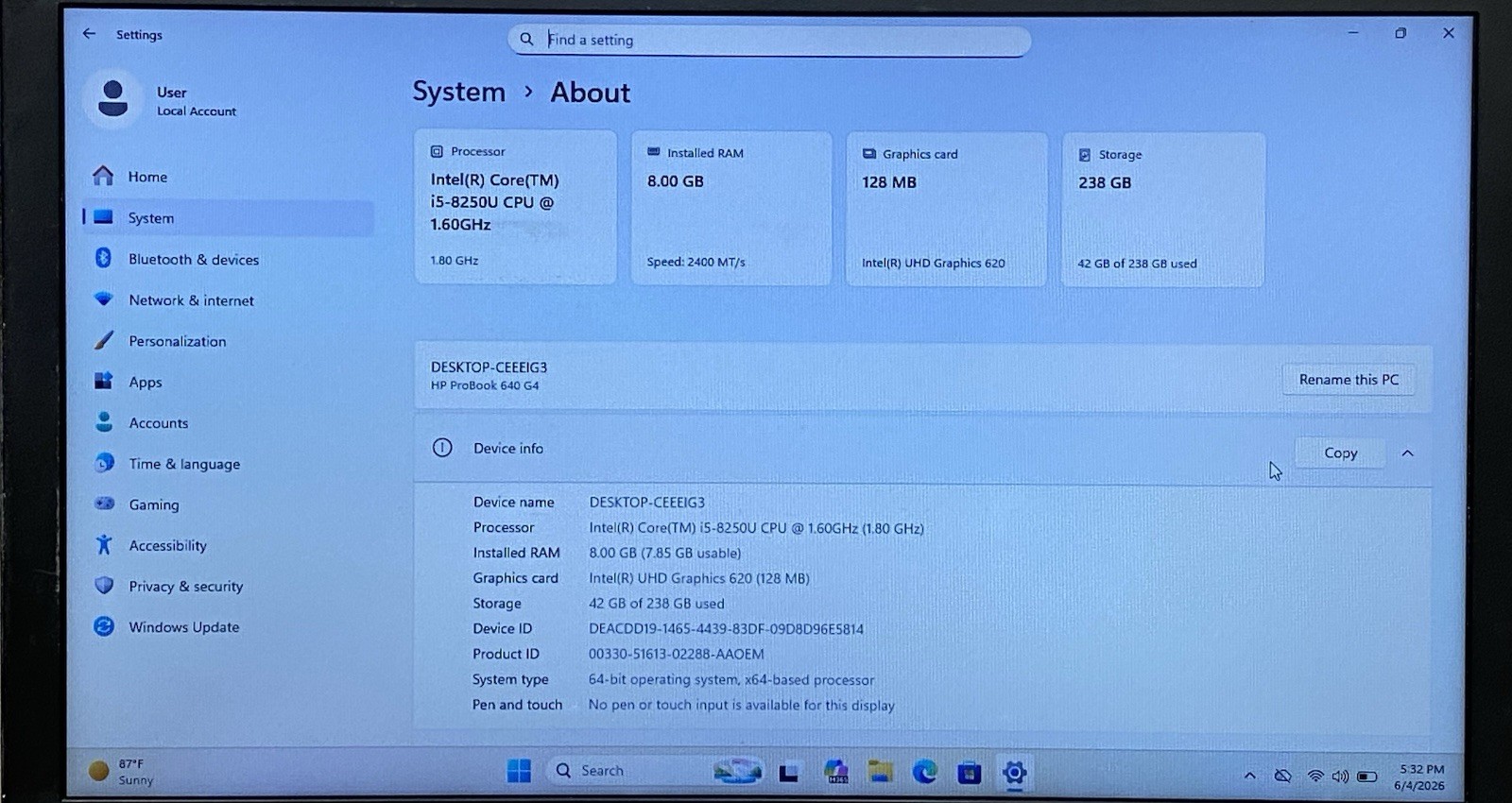 HP ProBook 640 G4 Core i5-8250U @ 1.60GHz 8GB RAM 256GB SSD Windows 11 Pro