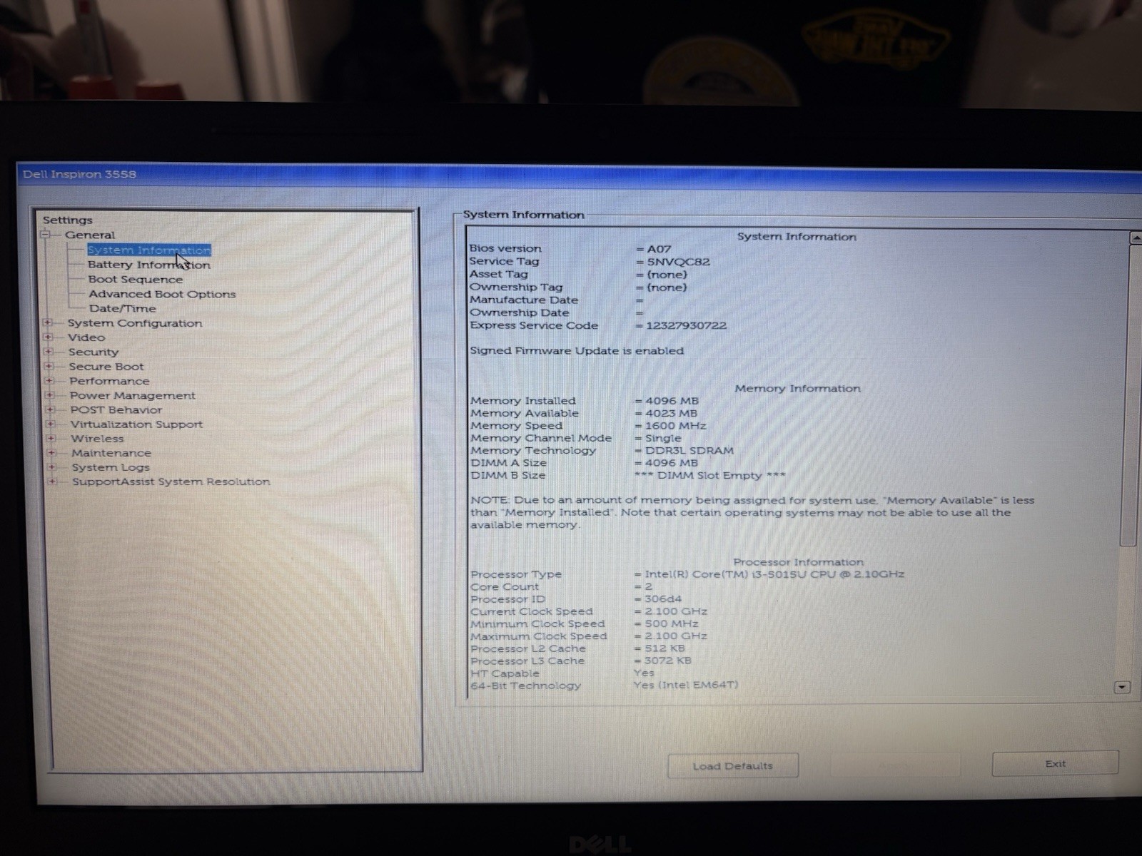 Dell Inspiron 15 3558 Laptop i3-5015U 1TB Bios Boots No OS for Parts & Repair
