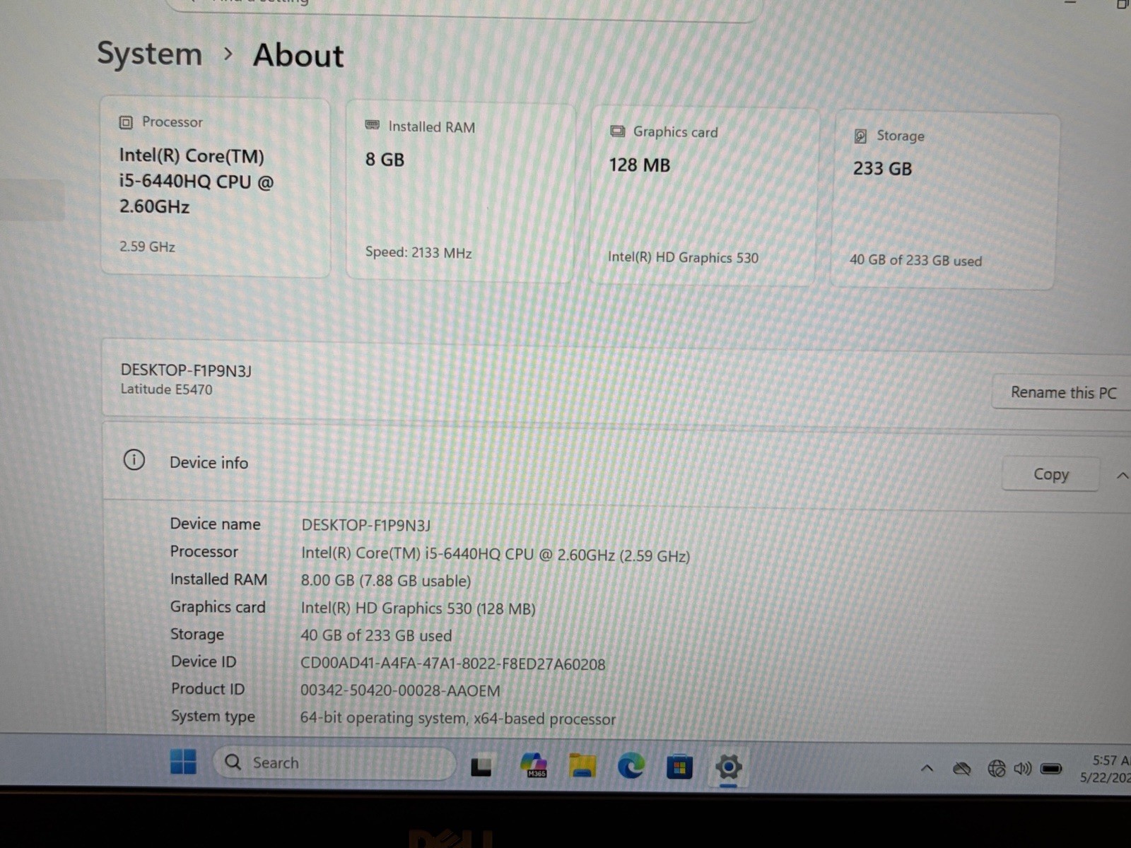 DELL LATITUDE E5470 14” FHD INTEL i5-6440HQ 8GB RAM 250GB SSD WI1P