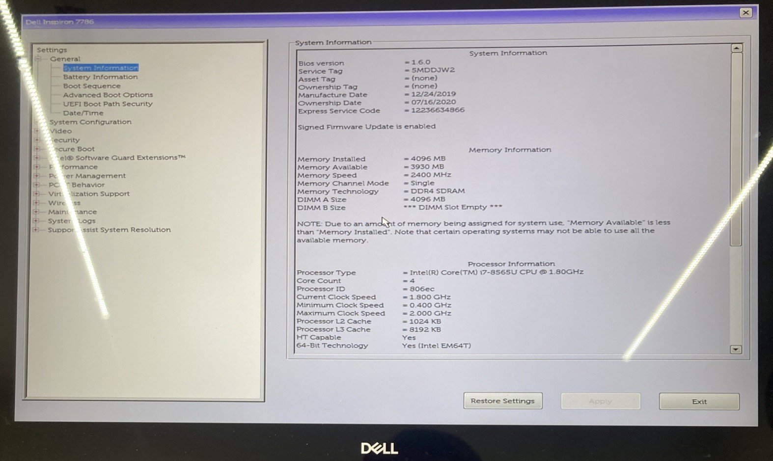 Dell Inspiron 7786 Intel Core i7-8565U 4GB Ram NO HDD Boot to BIOS