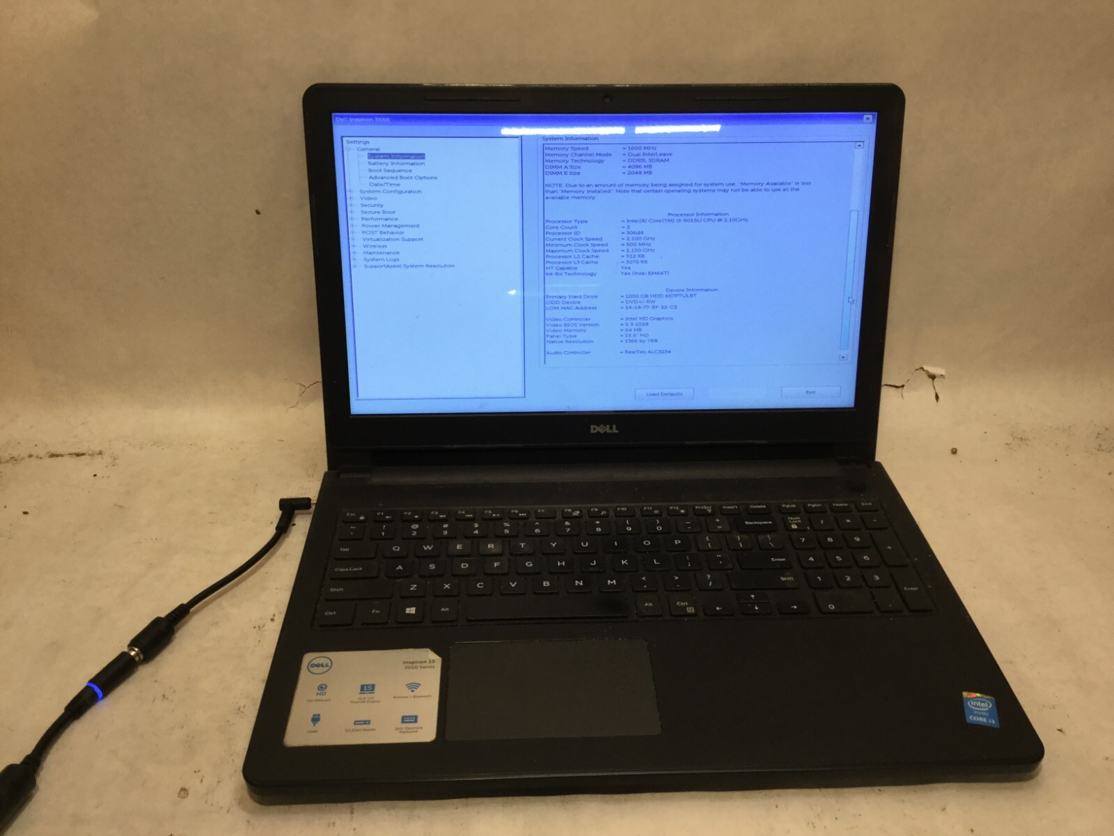 Dell Inspiron 15 3558 / Intel Core i3-5015U @ 2.10GHz / (MISSING PARTS!) -MR