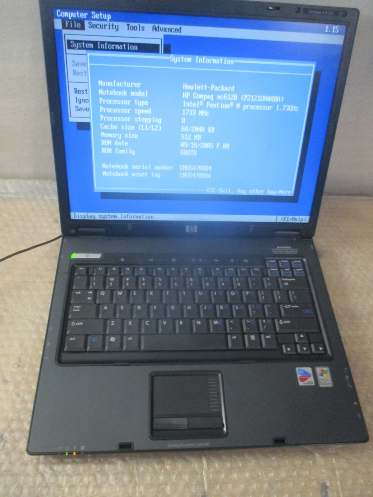 Vintage HP Compaq nc6120 1.73Ghz , 512MB Ram, DVDRW, NO HDD, ,BIOS BOOT, AS IS
