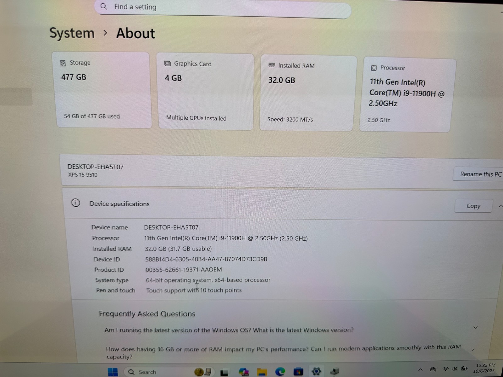 Dell XPS 9510 15 i9-11900H 8Core 32GB 512GB SSD RTX 3050 Win 11 Pro Warranty