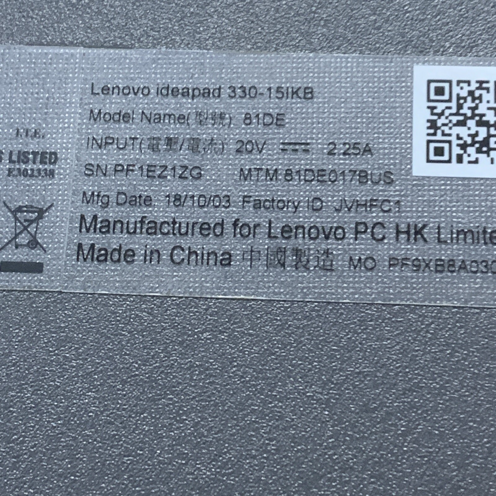 LENOVO IDEAPAD 330-15KB INTEL CORE i3 8TH GEN 8GB RAM **UNTESTED **NO HD