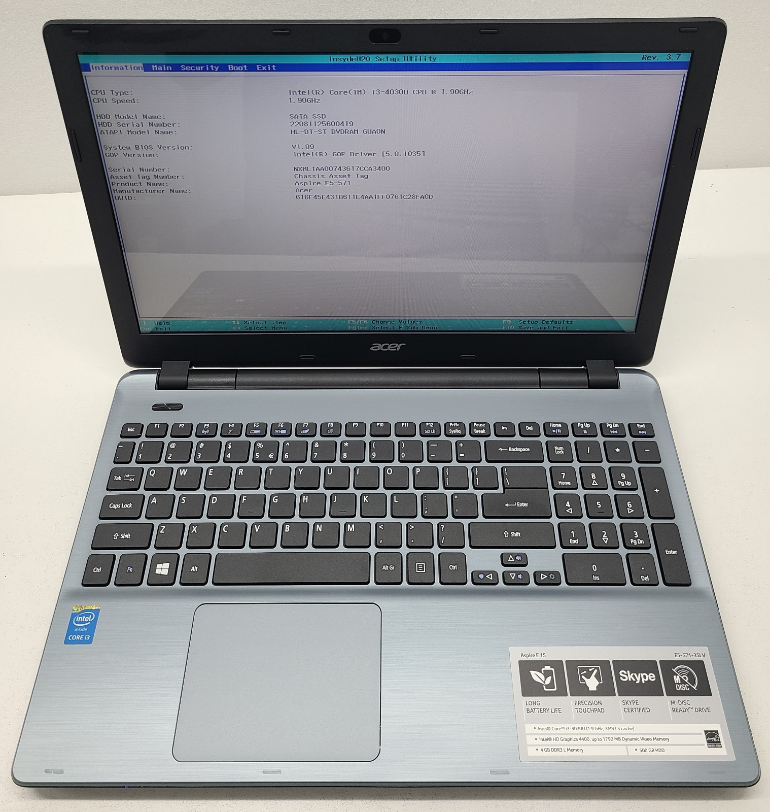 Acer Aspire E5-571-35LV Laptop Intel i3-4030U 4GB Ram 256GB SSD NO OS (FL)