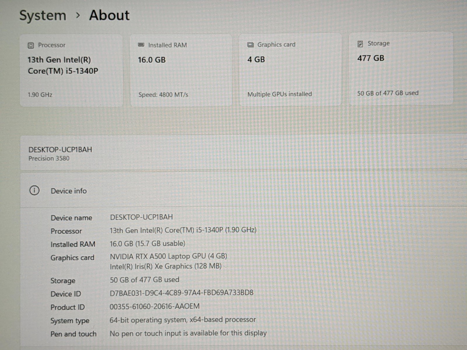 Dell Precision 3580 15.6″FHD i5-13 1.9GHz 16GB 512GB SSD RTX A500 WRTY-11/26 +PA