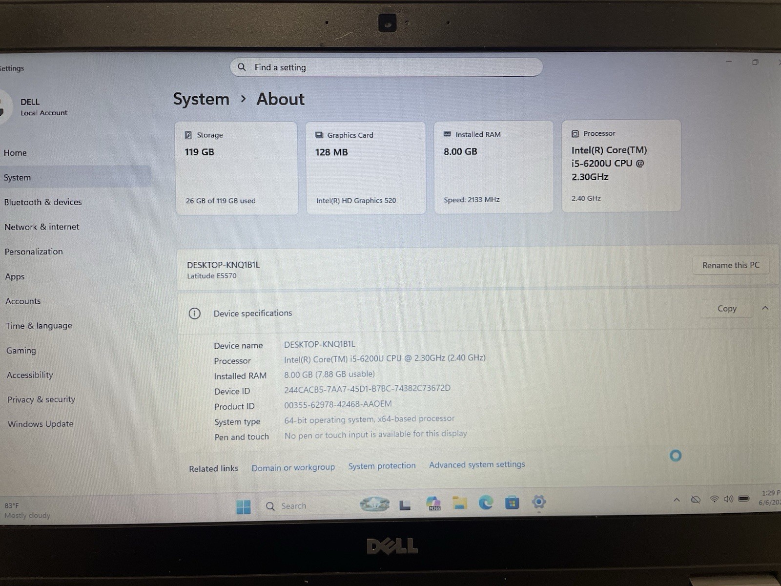 Dell Latitude E5570 128gb Nvme Win 11 i5-6200u 2.40ghz 8gb RAM HDMI Webcam