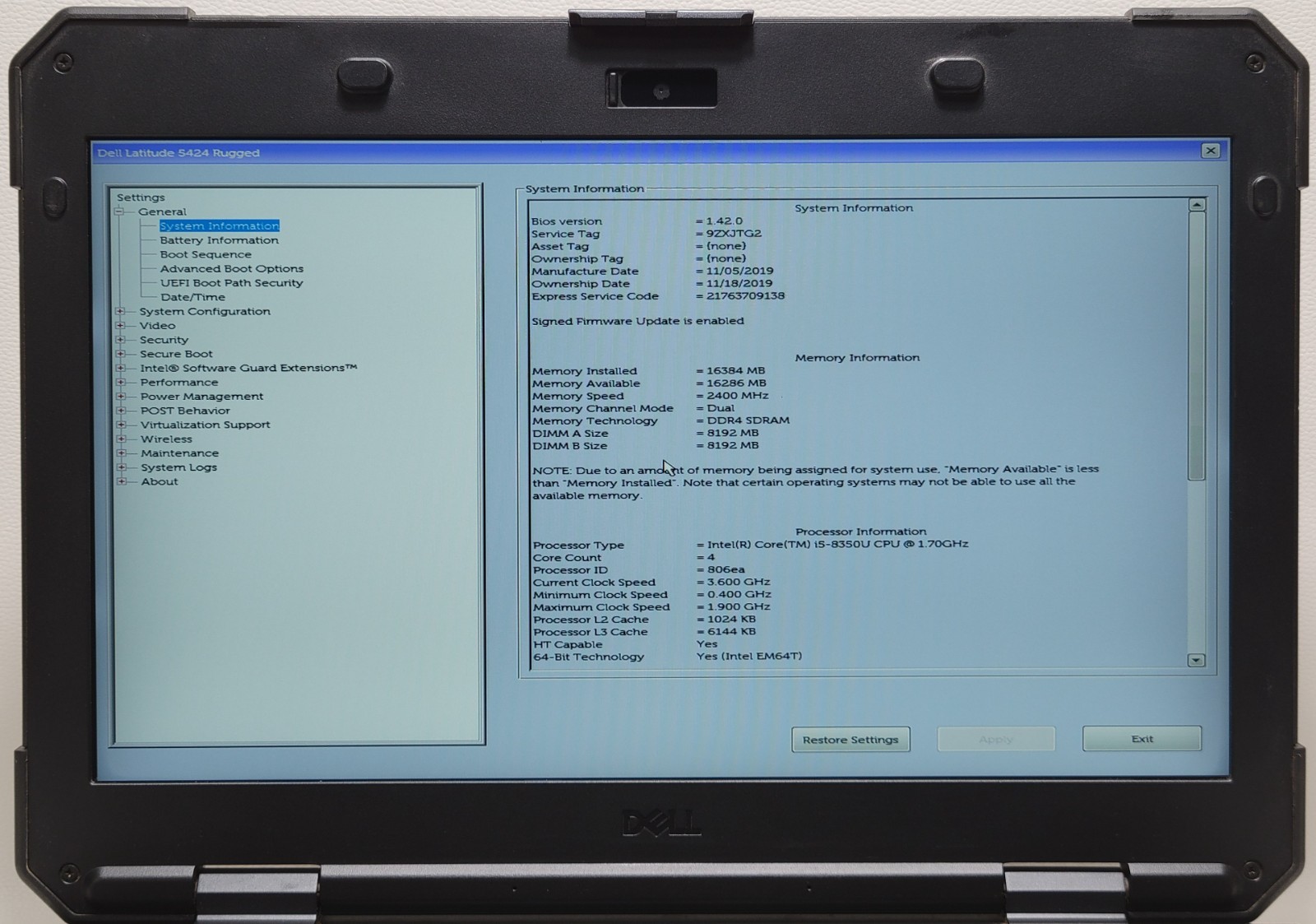Dell Latitude Rugged 5424 i5-8Gen 16GB RAM 256GB SSD NO ADAPTER (UID TED5A3EF81)