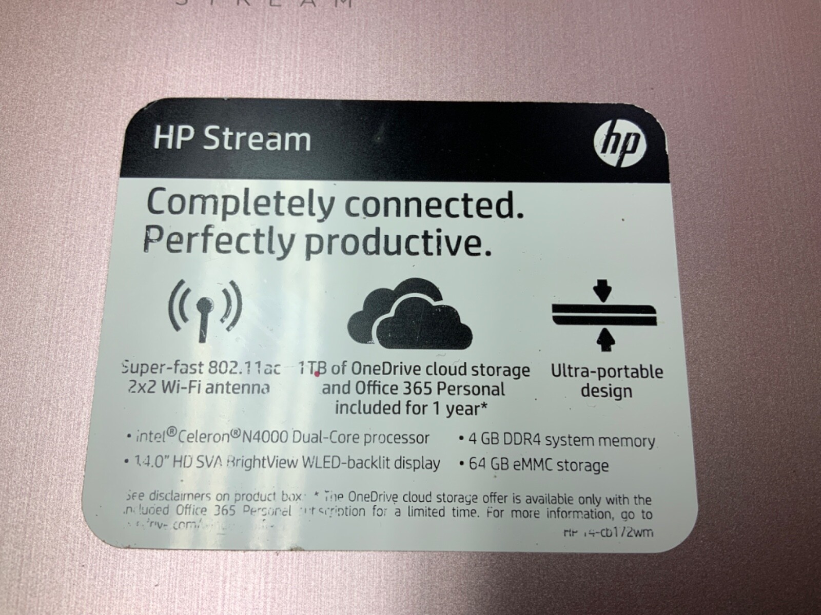 HP Stream 14-cb172wm Windows 11 64GB eMMC 4GB RAM Intel Celeron N4000 14″